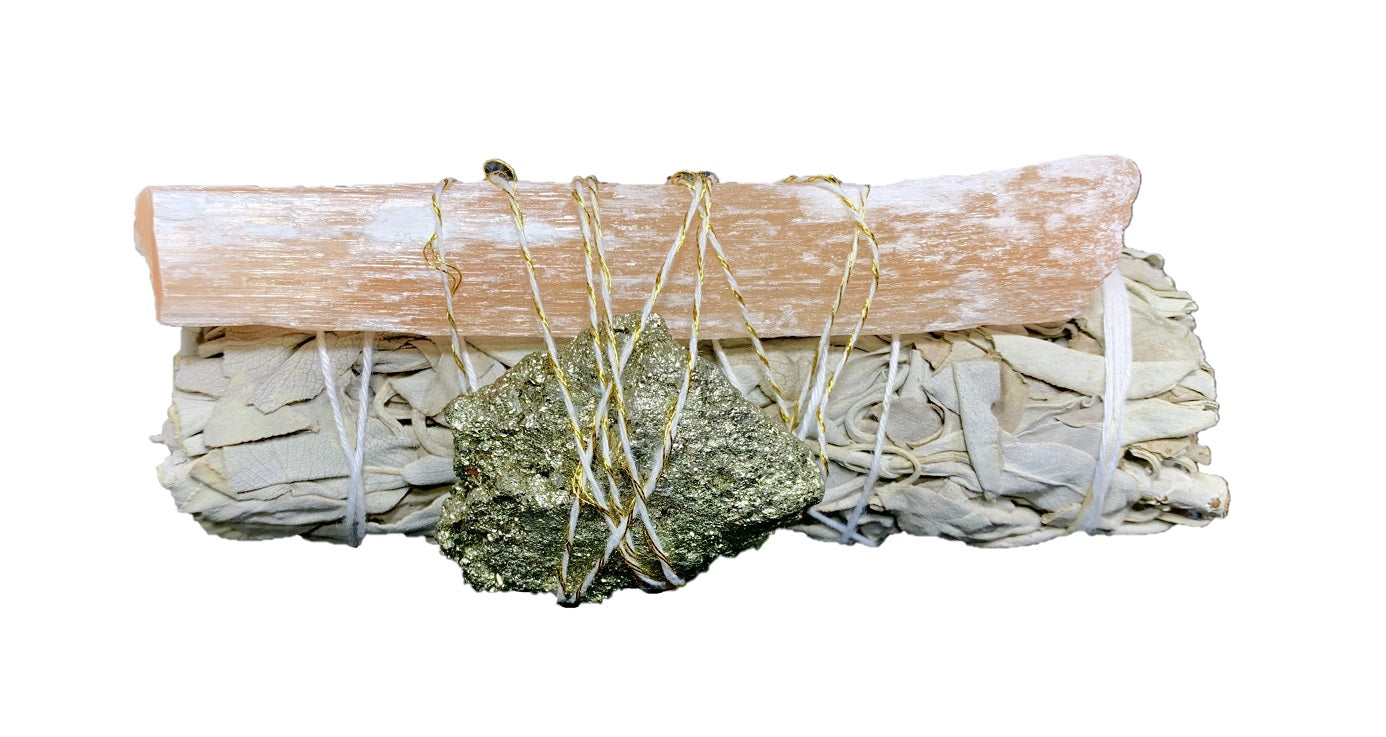 Combo White Sage Smudge Stick, Pyrite & Selenite Peach