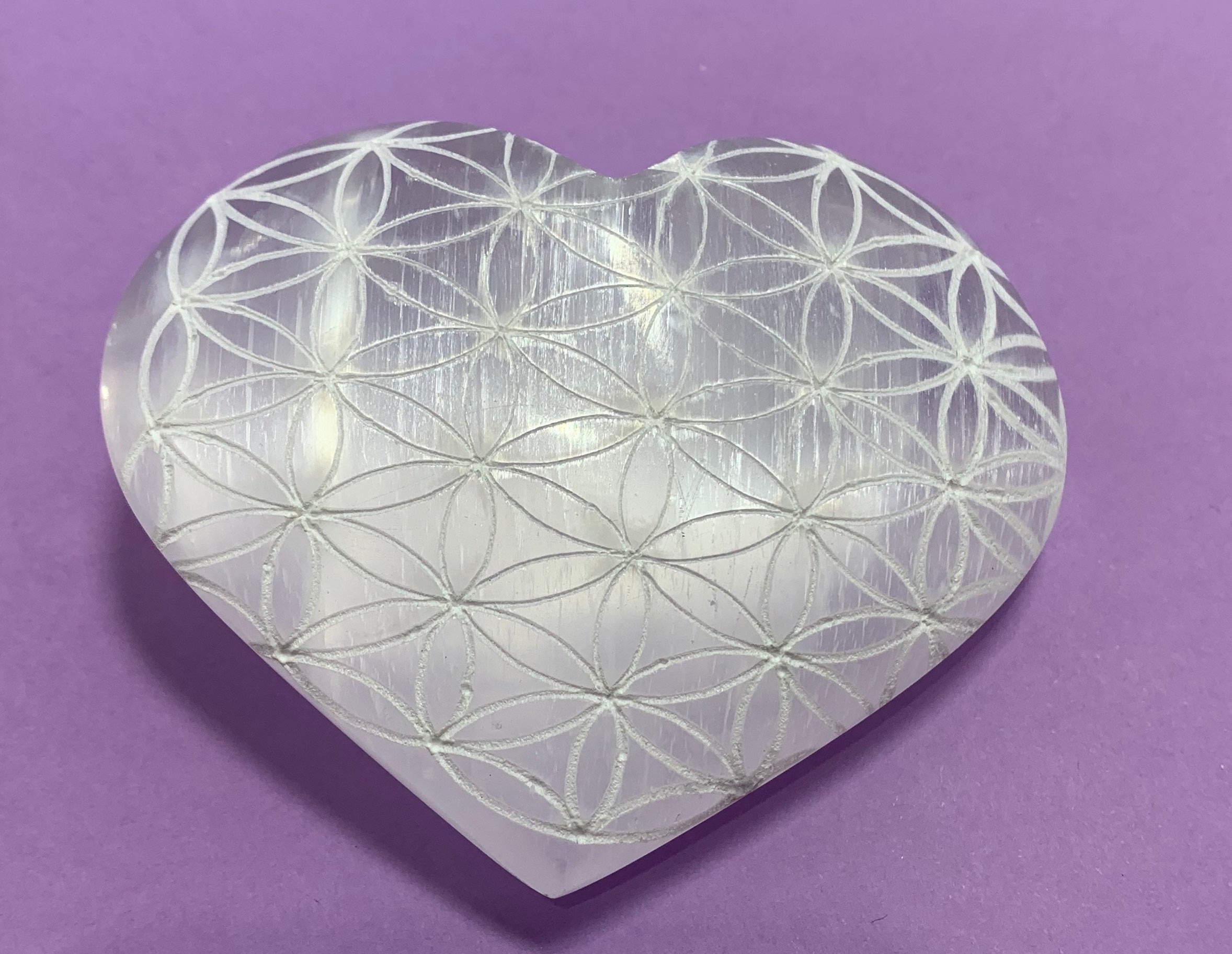 Flower of Life Selenite Puffy Heart