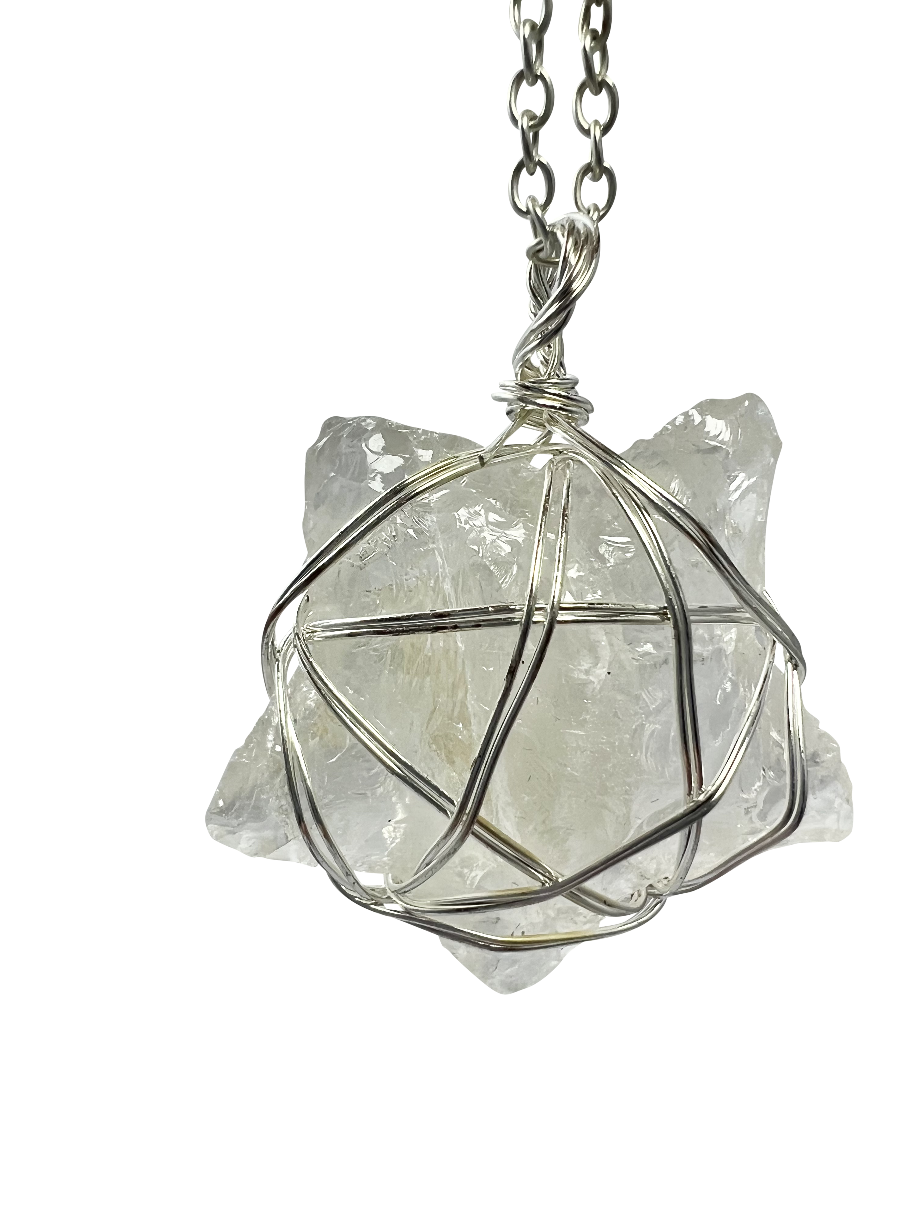 Rough Clear Quartz Star Shape Pendant Necklace Silver