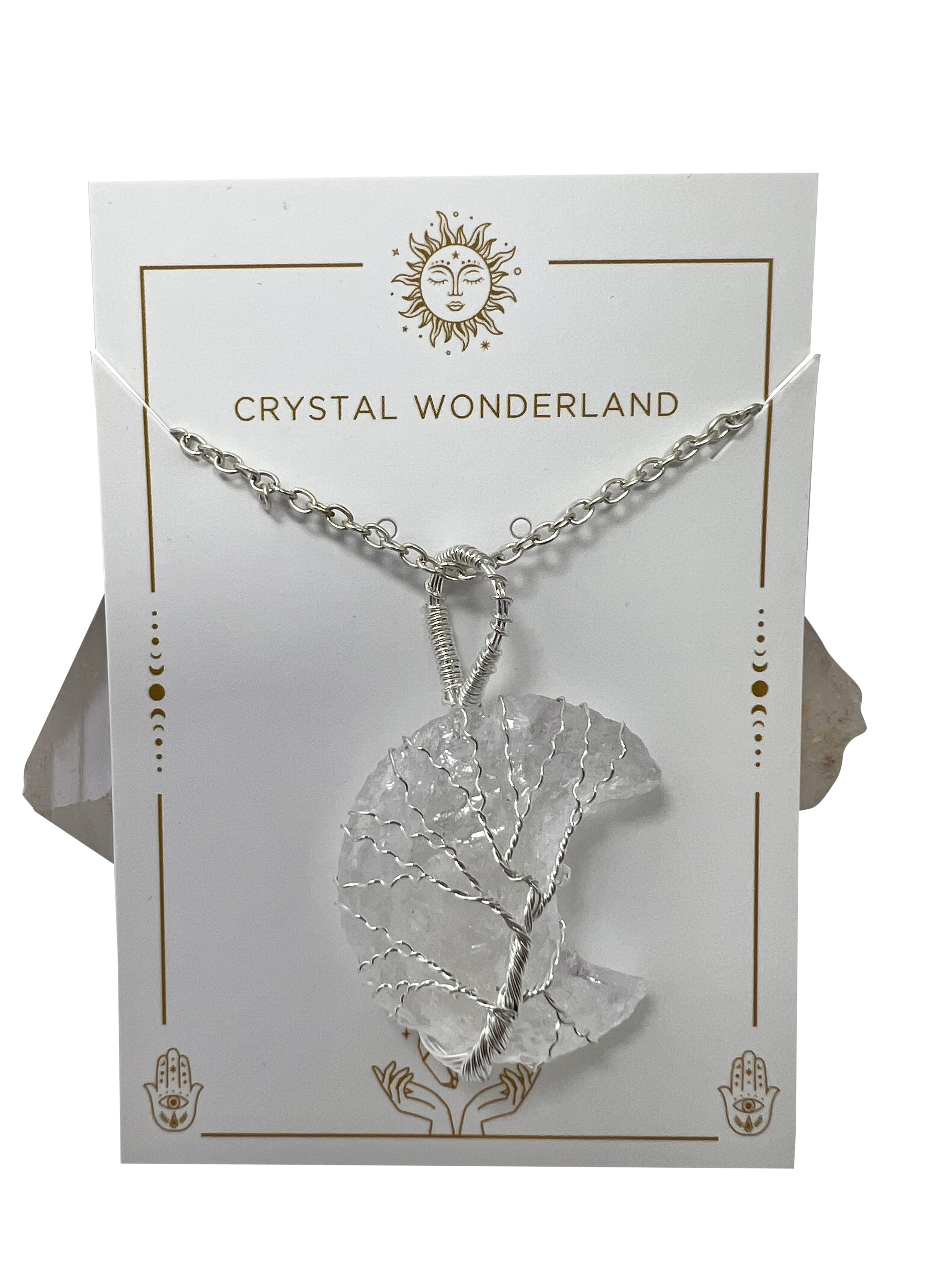Rough Clear Quartz Half Moon Shape Pendant Necklace Silver