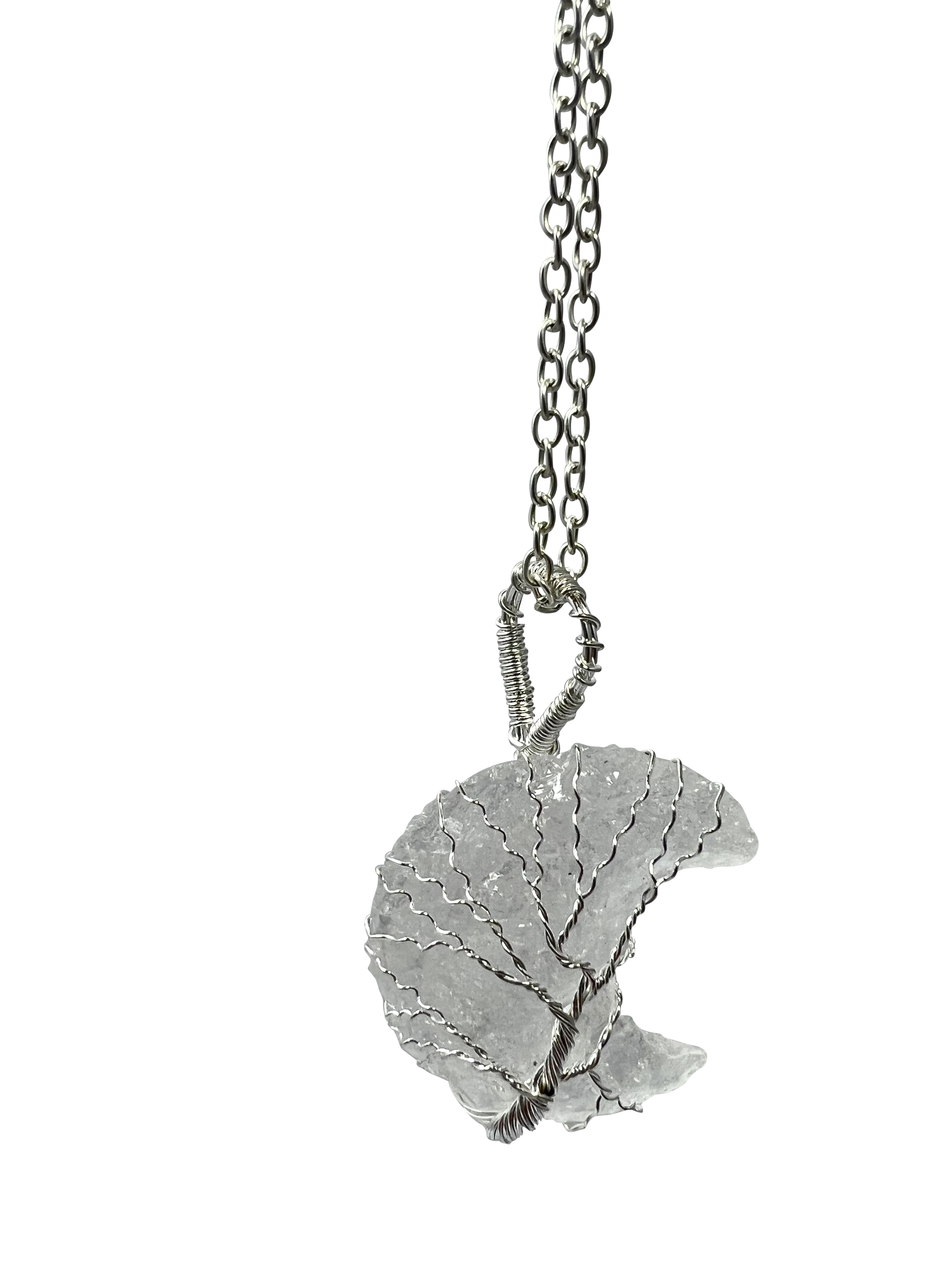 Rough Clear Quartz Half Moon Shape Pendant Necklace Silver