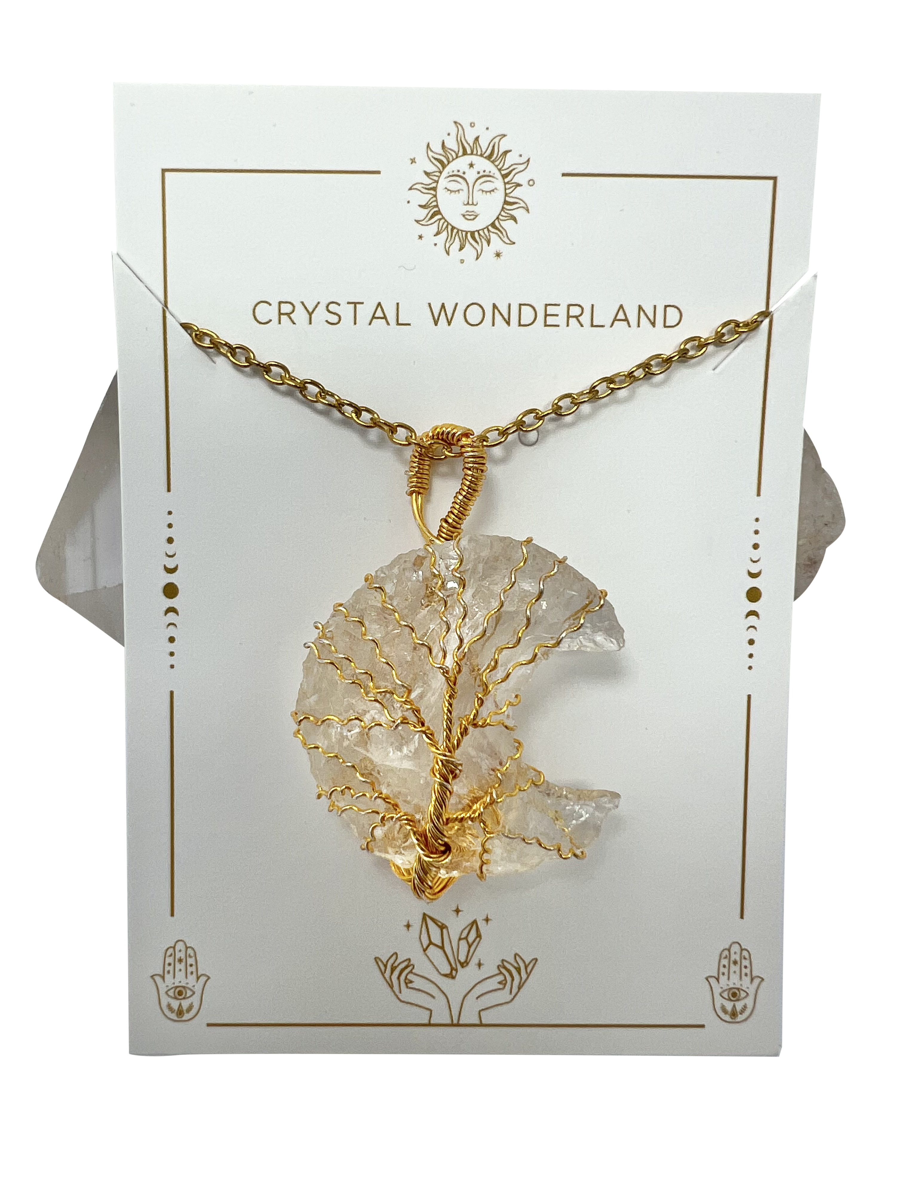Rough Clear Quartz Half Moon Shape Pendant Necklace Gold