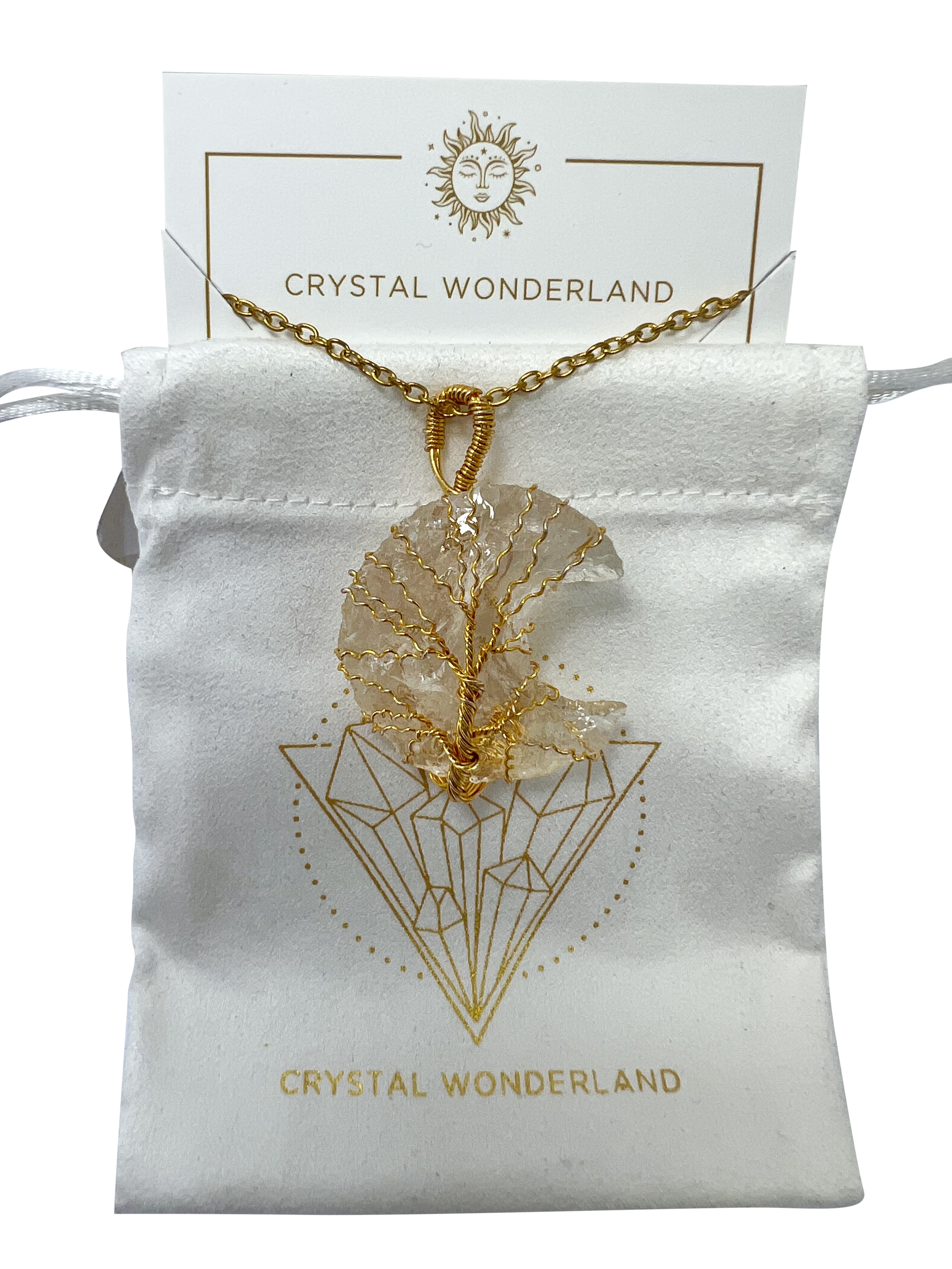 Rough Clear Quartz Half Moon Shape Pendant Necklace Gold