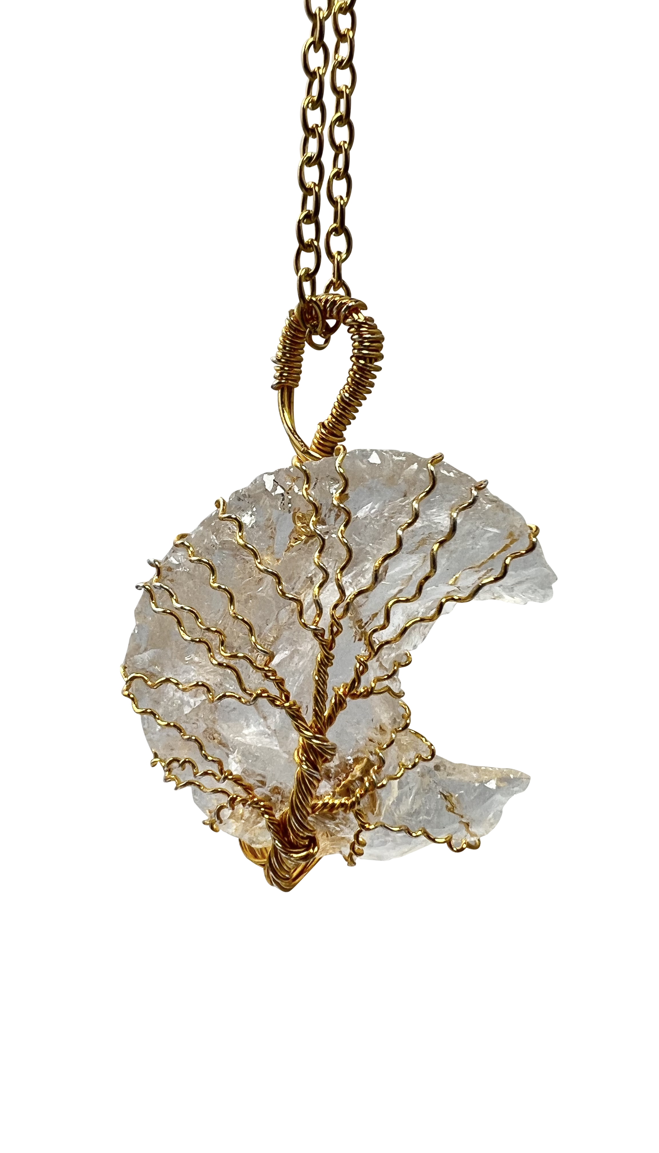 Rough Clear Quartz Half Moon Shape Pendant Necklace Gold