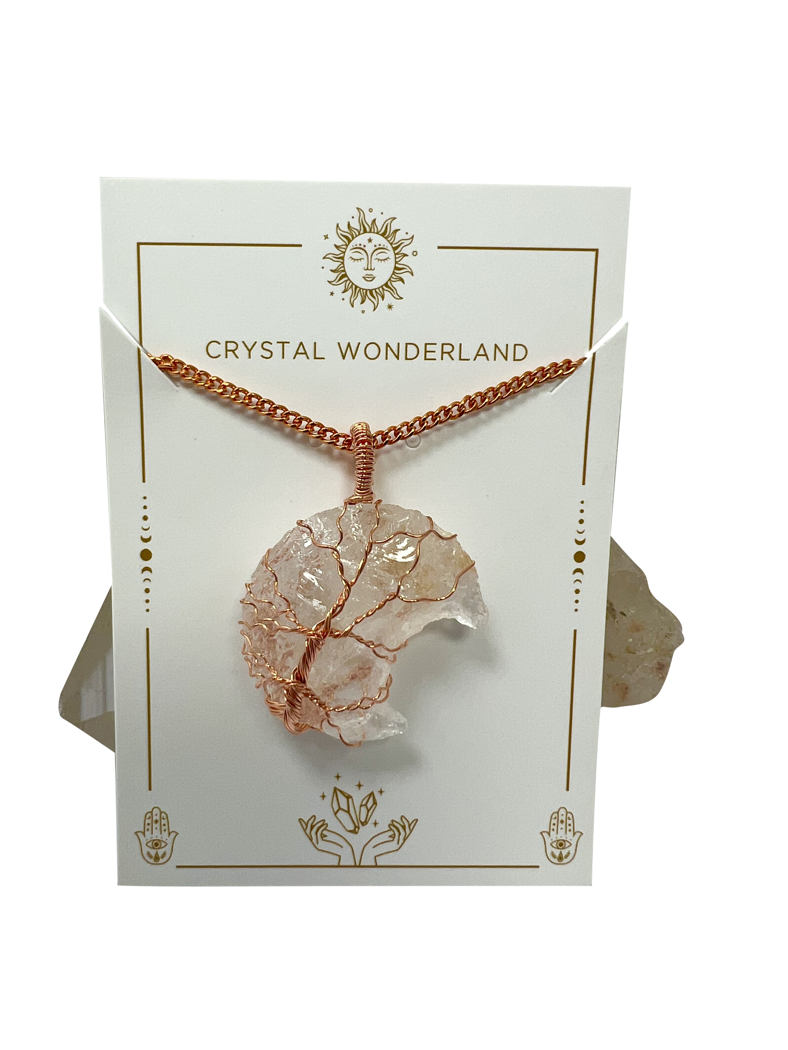 Rough Clear Quartz Half Moon Shape Pendant Necklace Copper