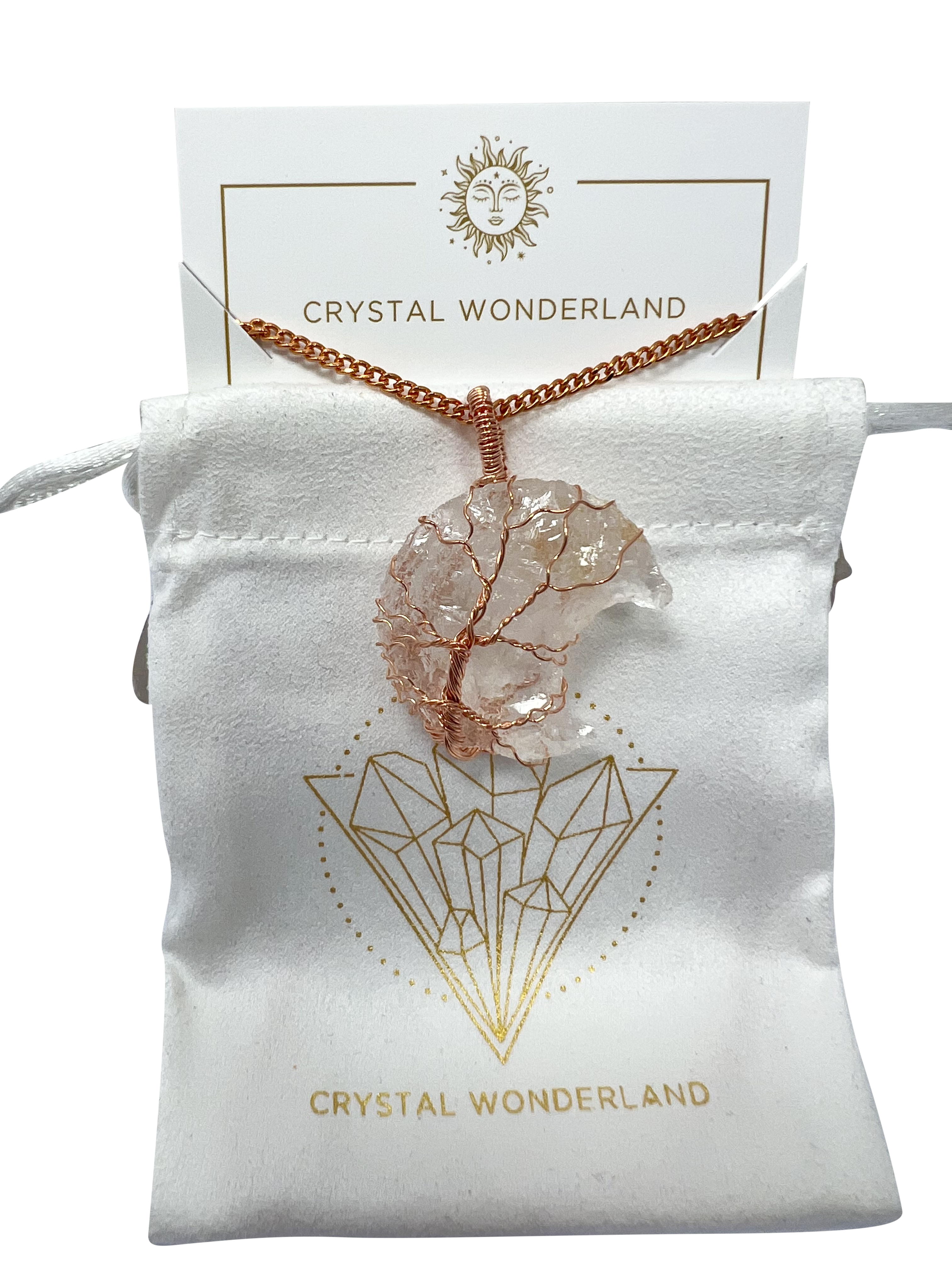 Rough Clear Quartz Half Moon Shape Pendant Necklace Copper