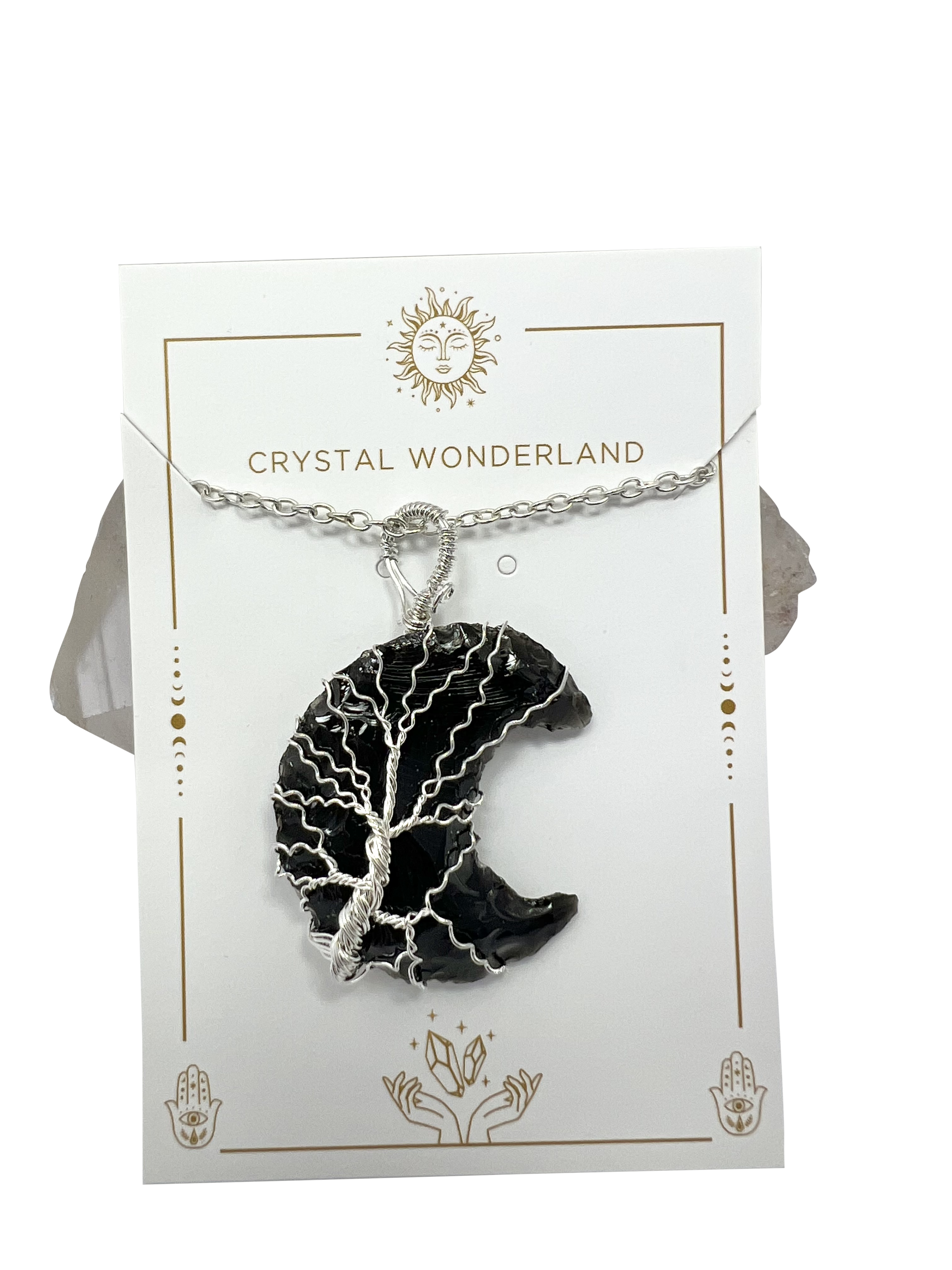Rough Black Obsidian Half Moon Shape Pendant Necklace Silver