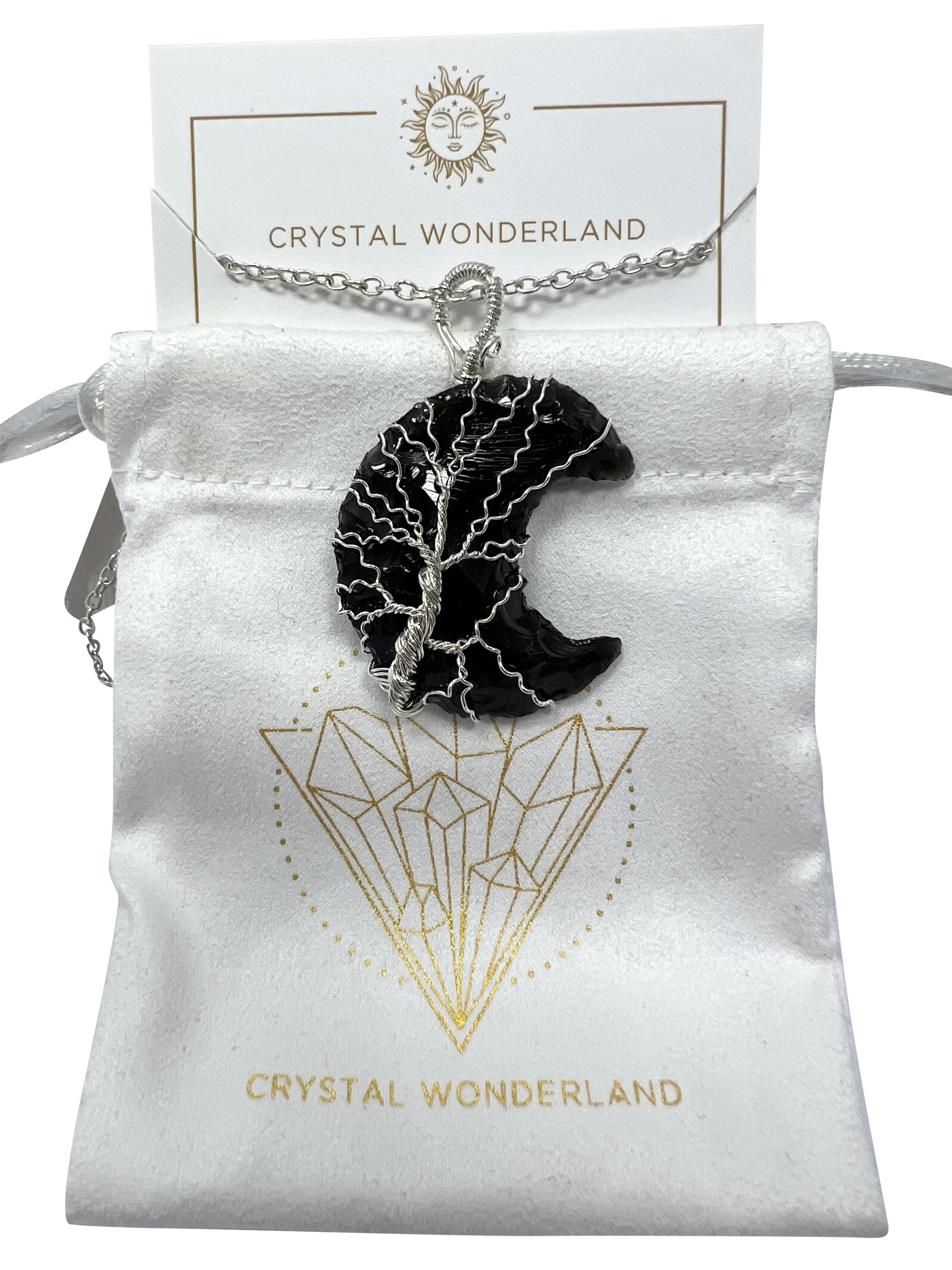 Rough Black Obsidian Half Moon Shape Pendant Necklace Silver