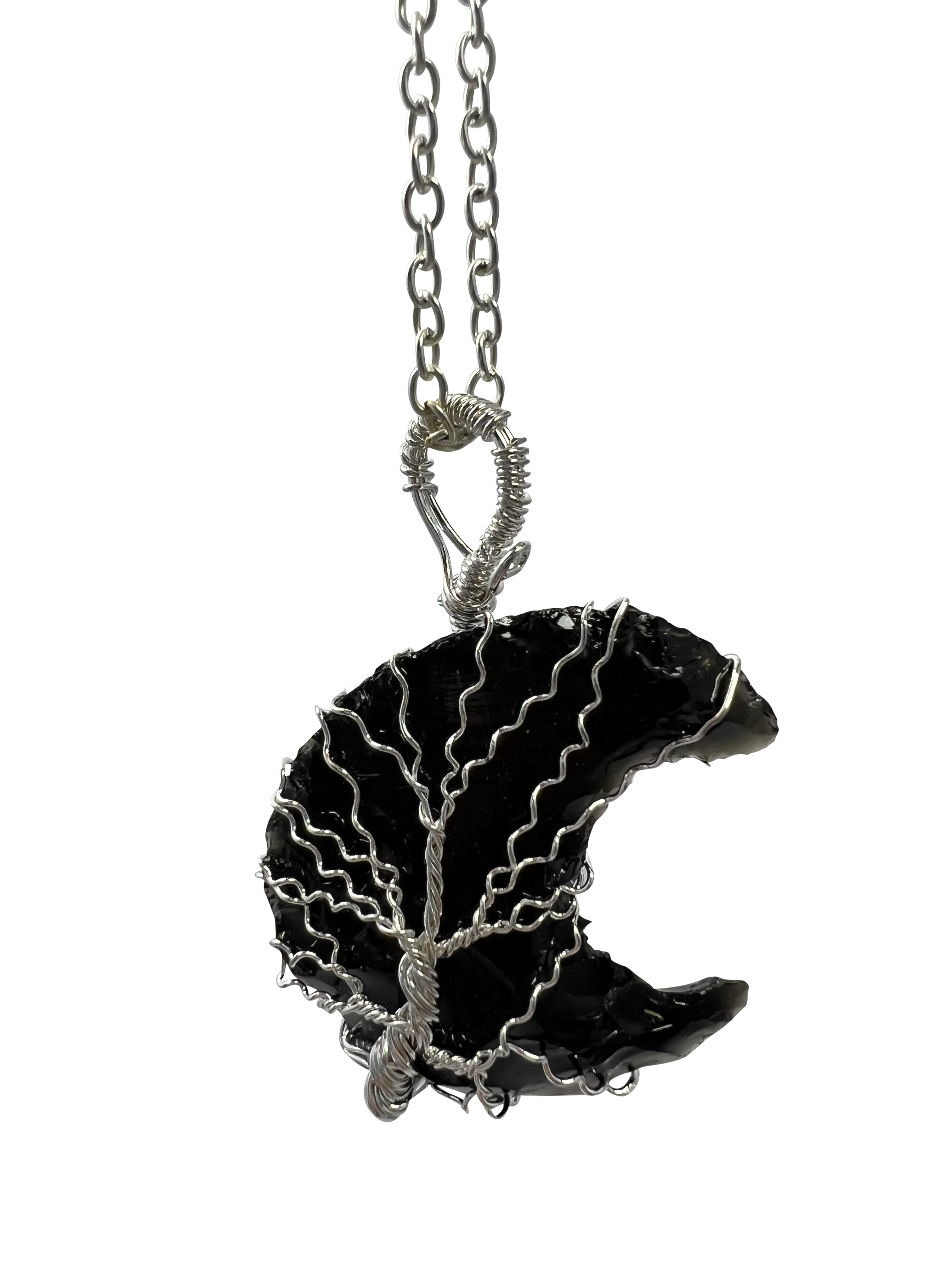 Rough Black Obsidian Half Moon Shape Pendant Necklace Silver