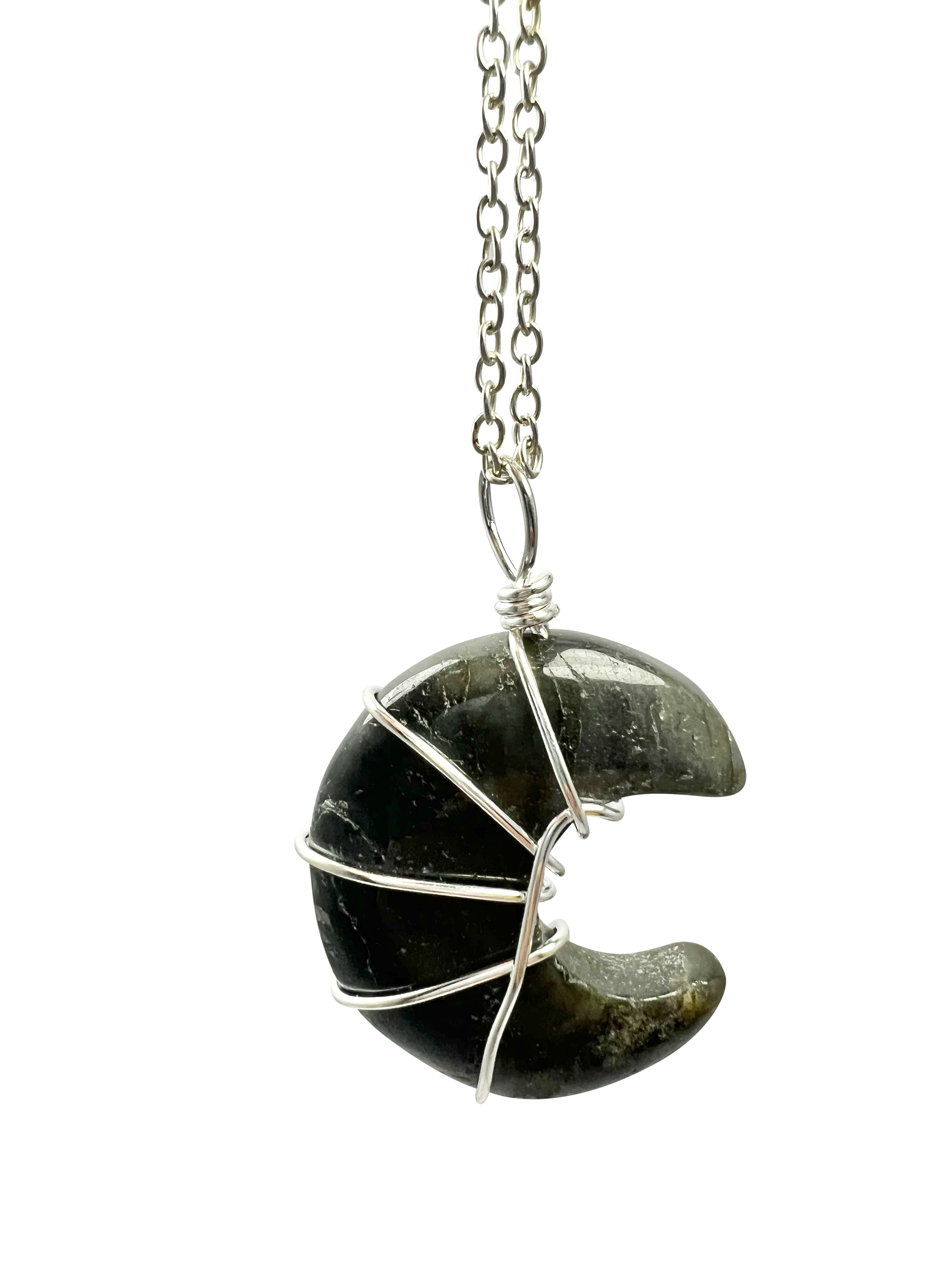 Polished Labradorite Half Moon Shape Pendant Necklace Silver