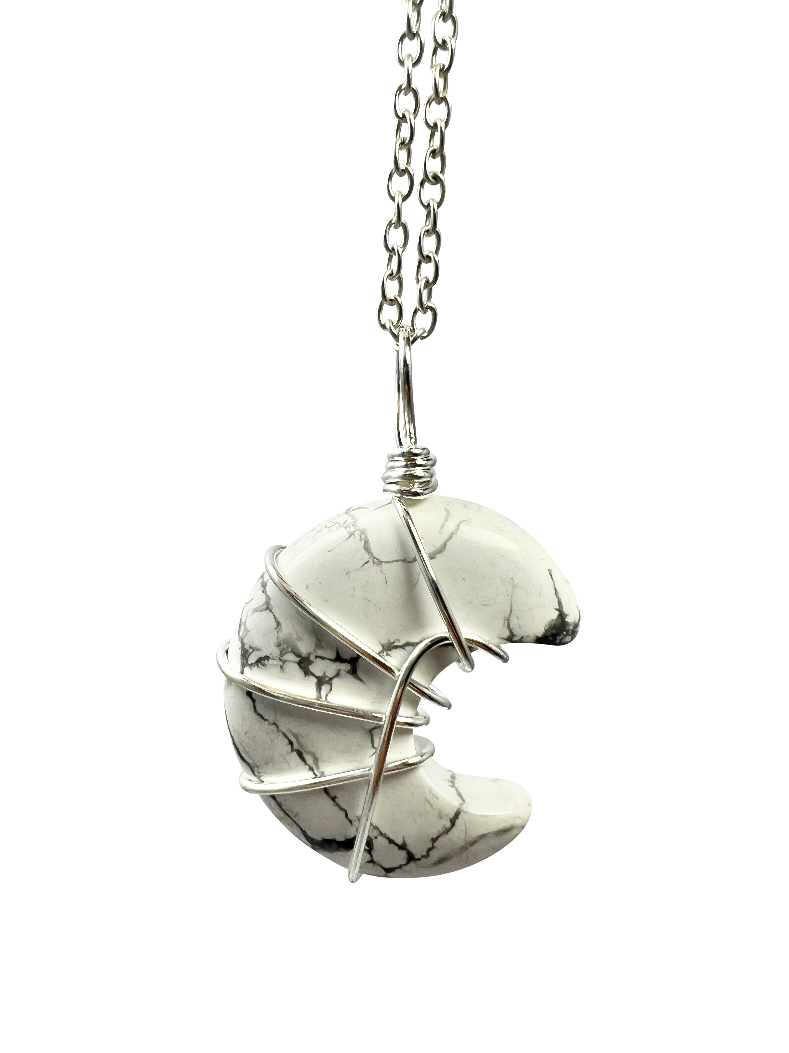 Polished Howlite Half Moon Shape Pendant Necklace Silver