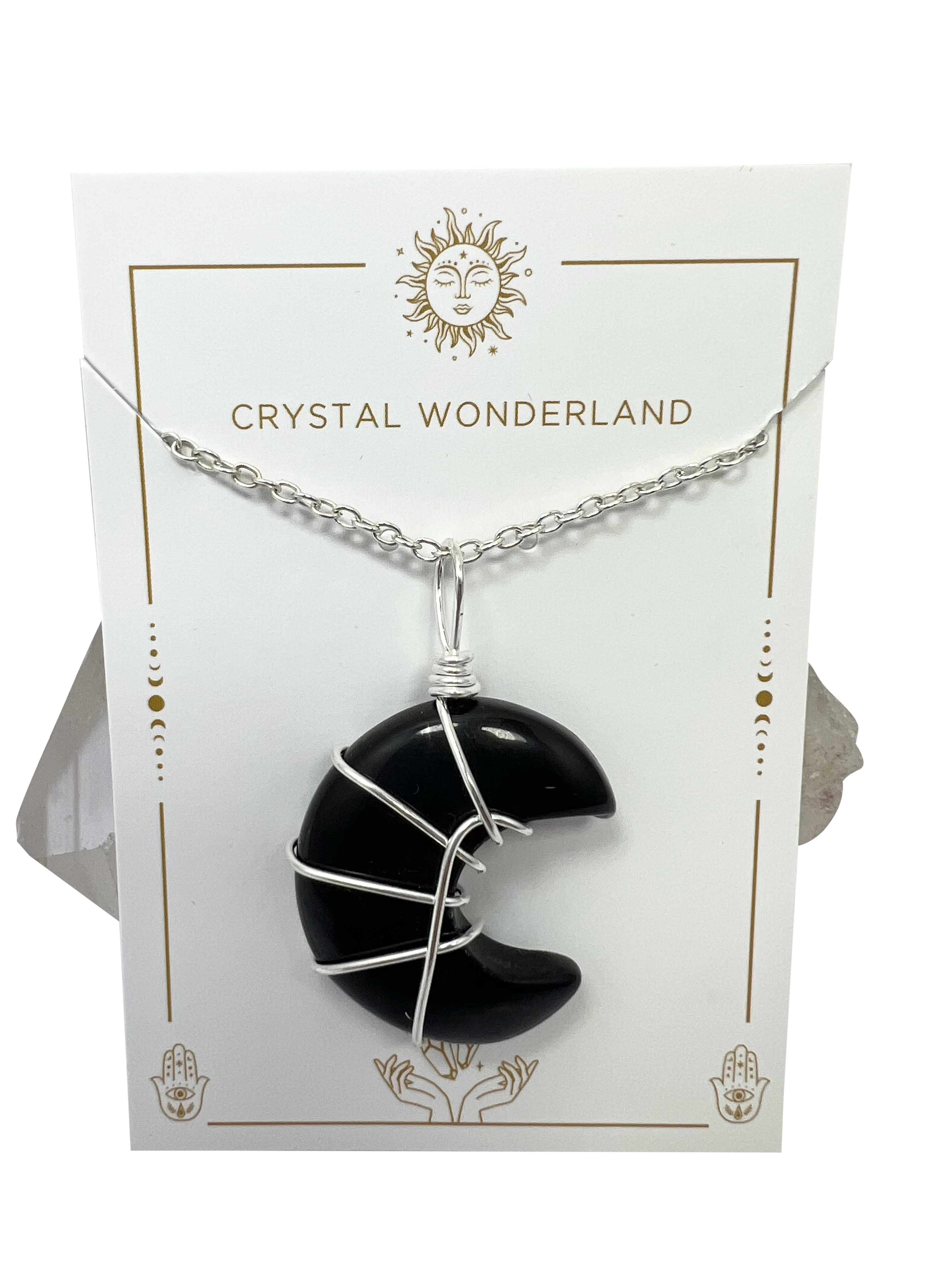Polished Black Obsidian Half Moon Shape Pendant Necklace Silver