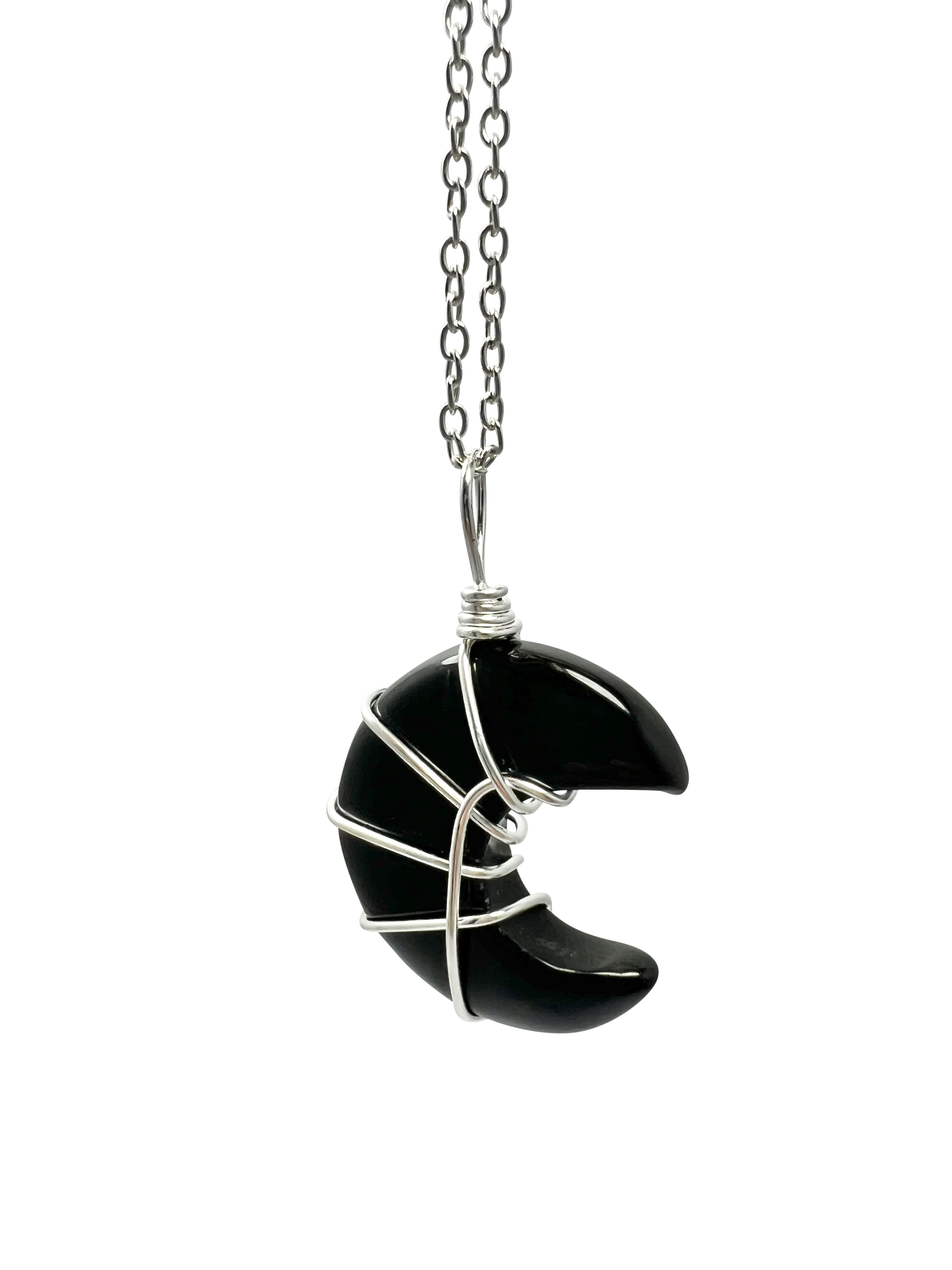 Polished Black Obsidian Half Moon Shape Pendant Necklace Silver