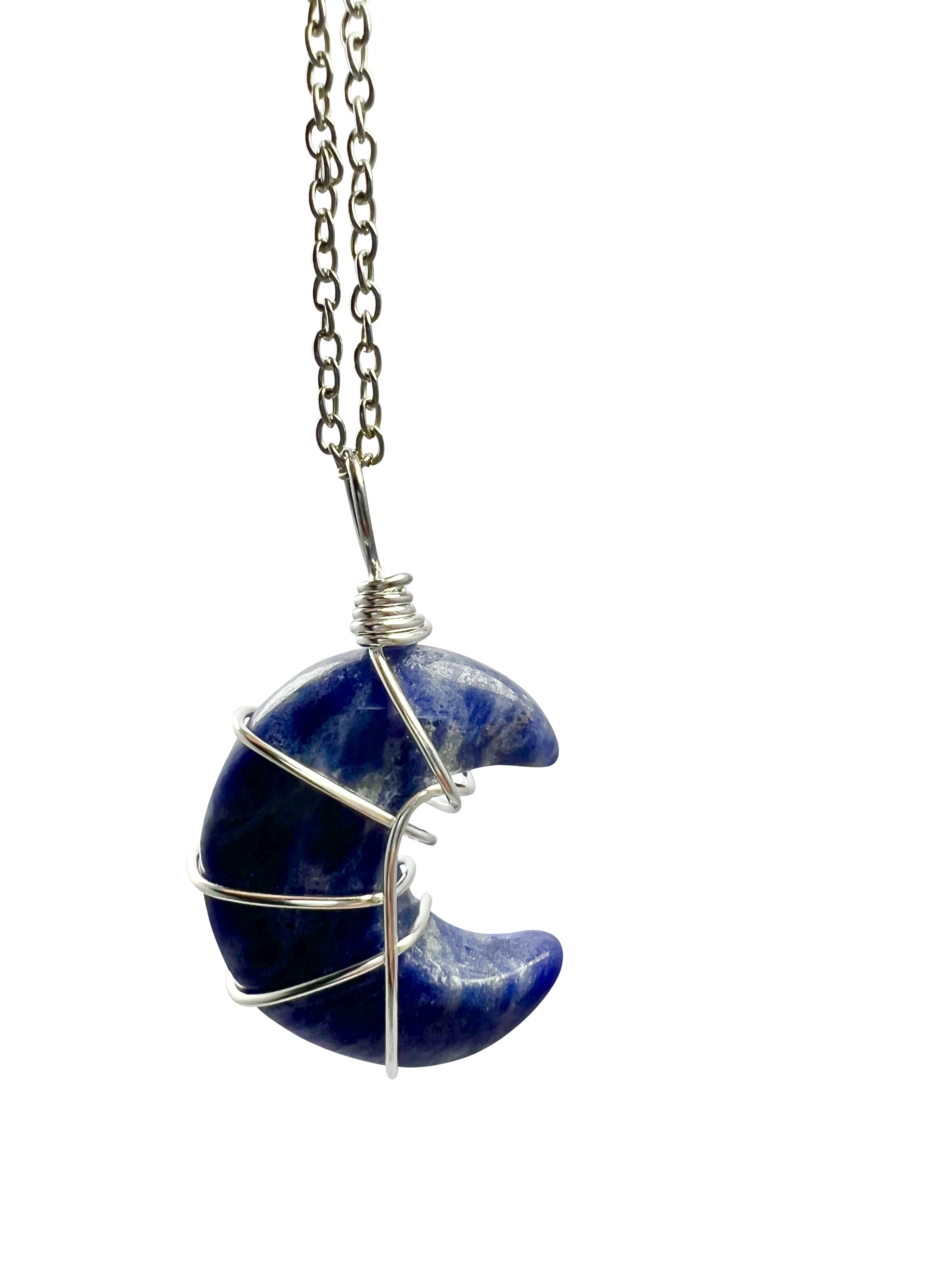 Polished Sodalite Half Moon Shape Pendant Necklace Silver