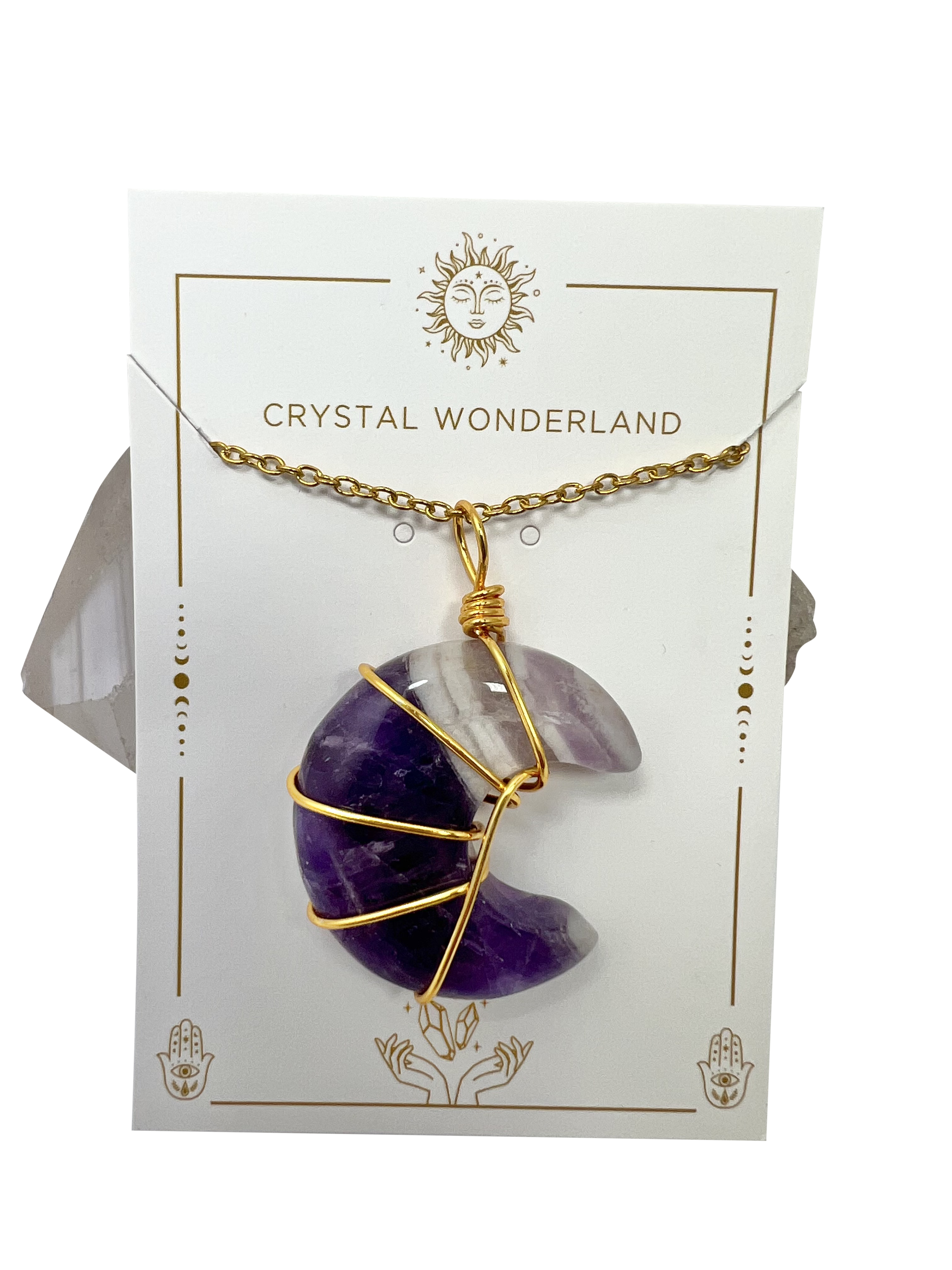 Polished Amethyst Half Moon Shape Pendant Necklace Gold