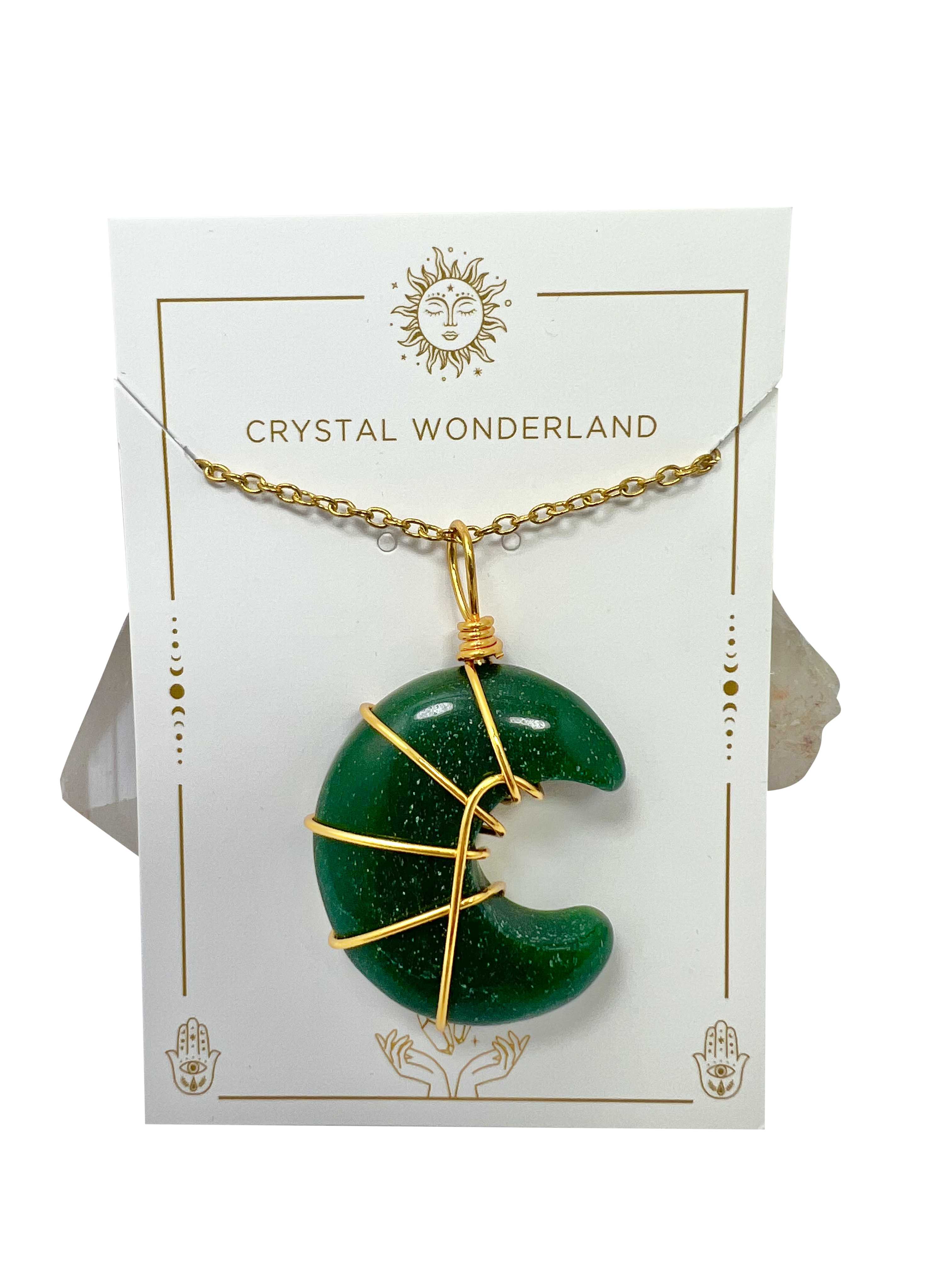 Polished Green Aventurine Half Moon Shape Pendant Necklace Gold
