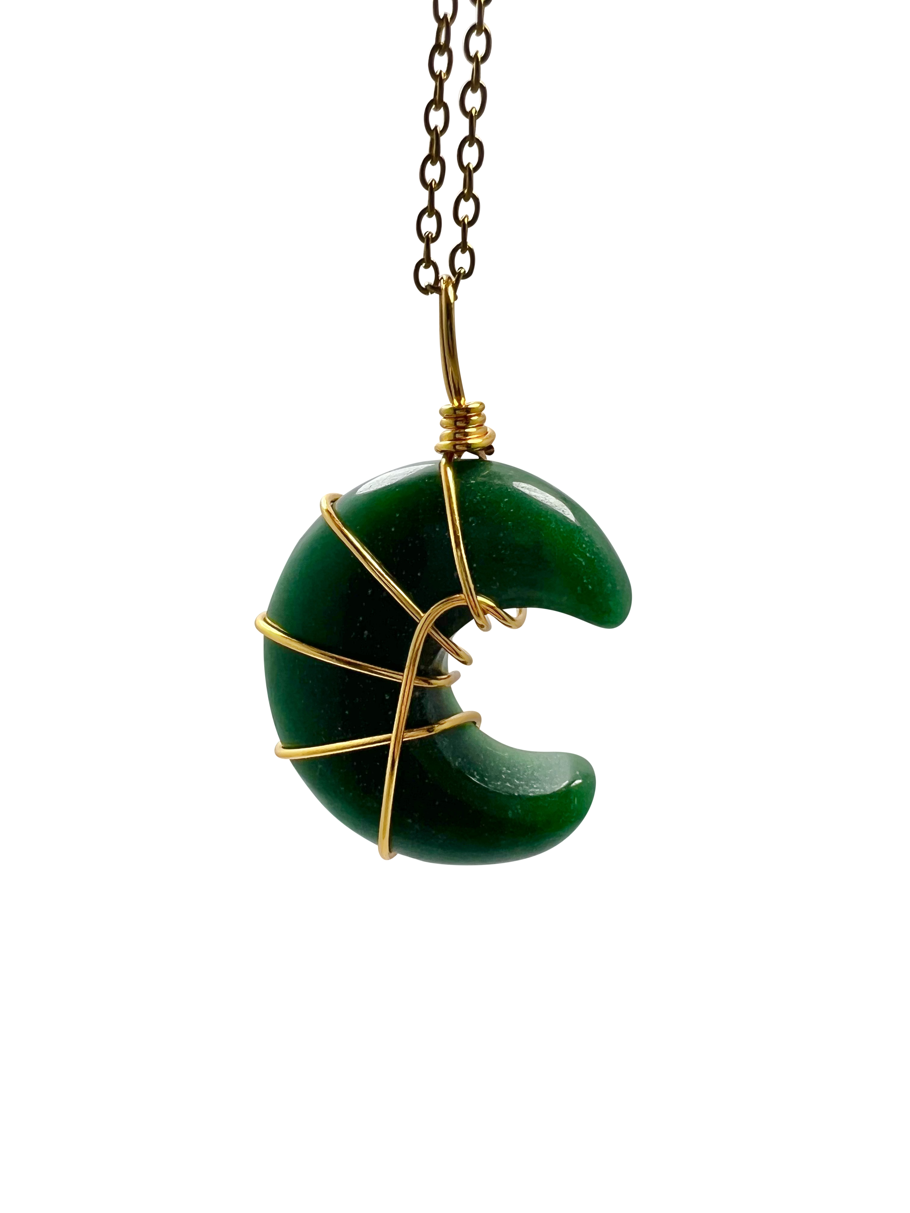 Polished Green Aventurine Half Moon Shape Pendant Necklace Gold