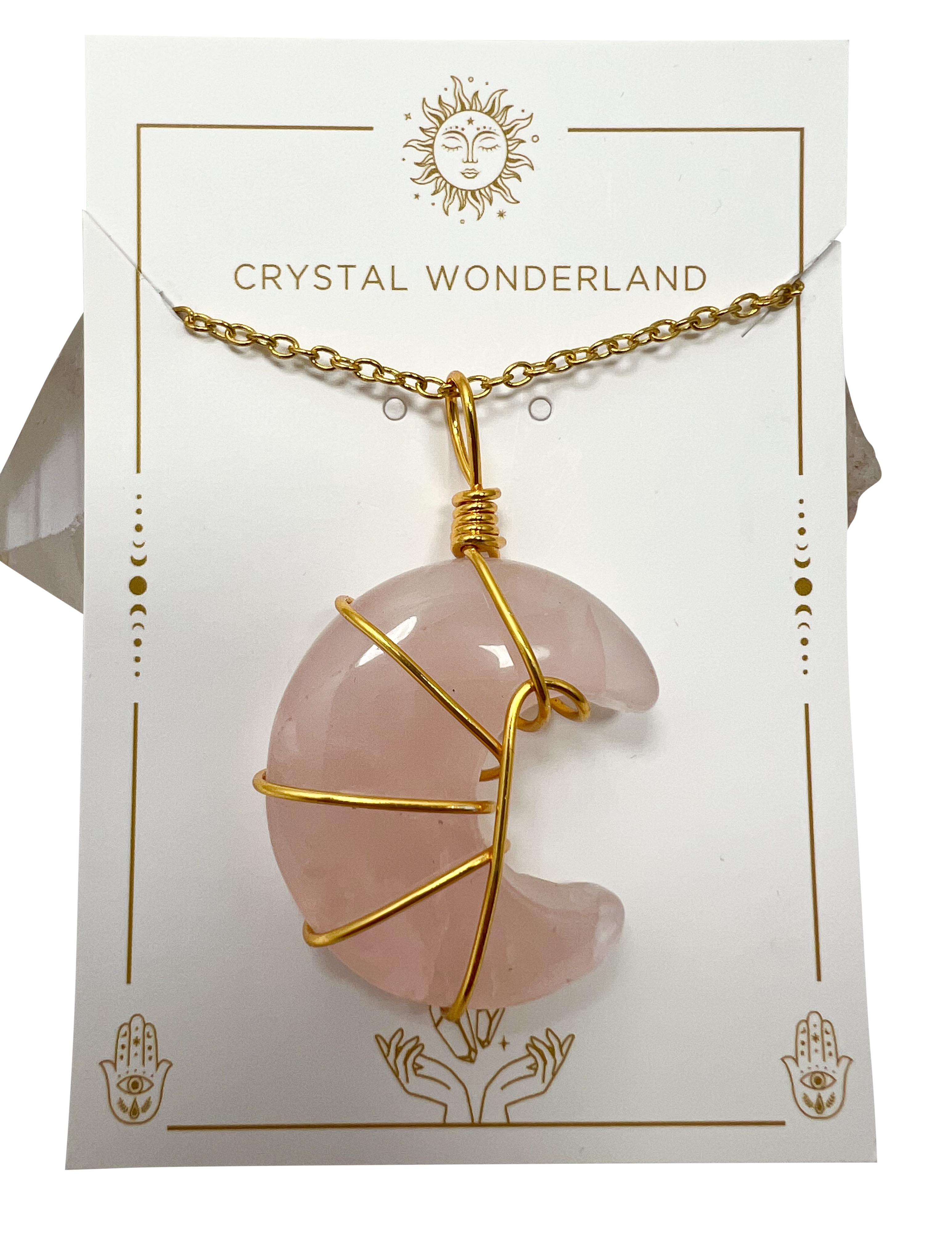 Polished Rose Quartz Half Moon Shape Pendant Necklace Gold