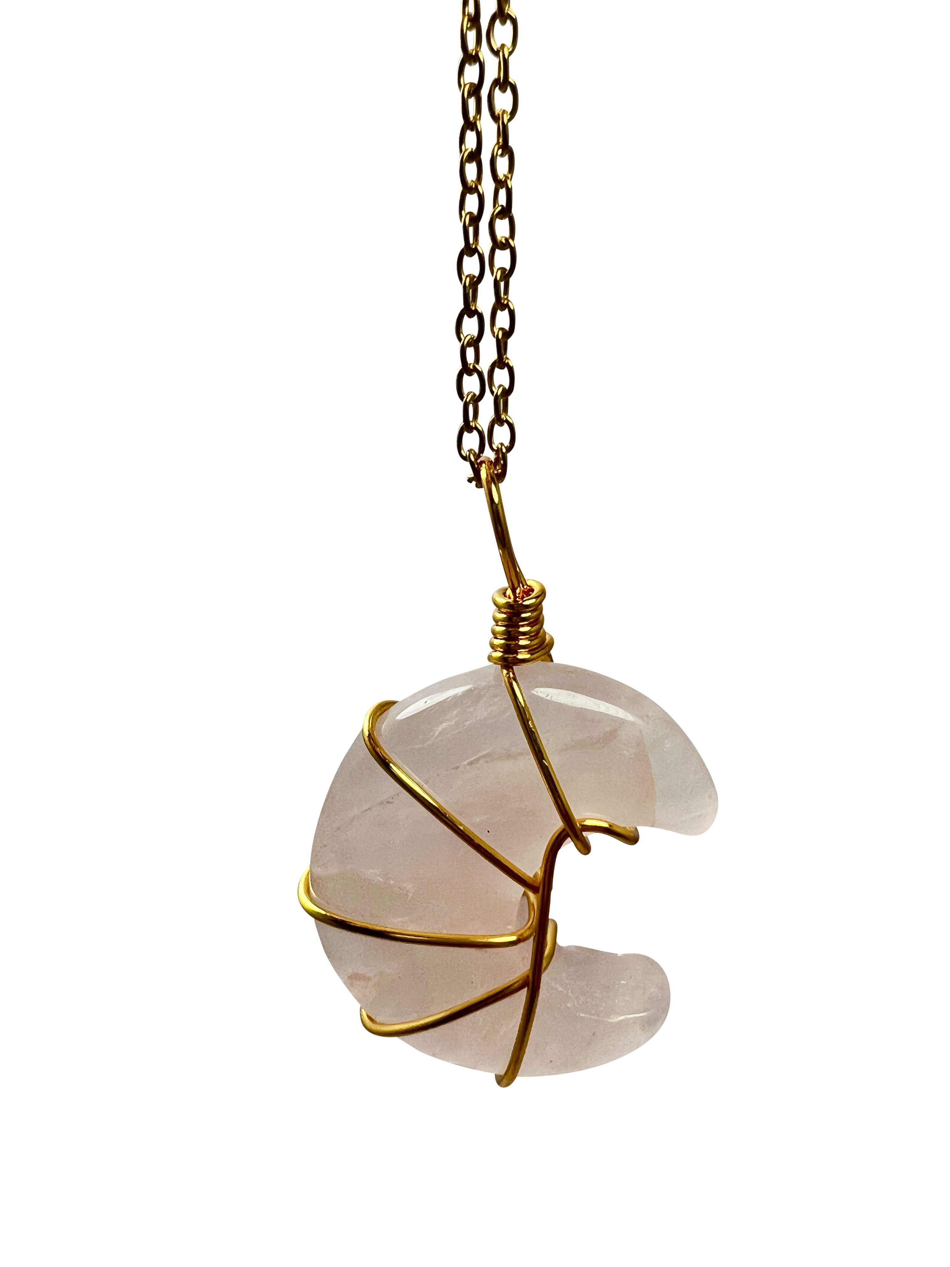 Polished Rose Quartz Half Moon Shape Pendant Necklace Gold