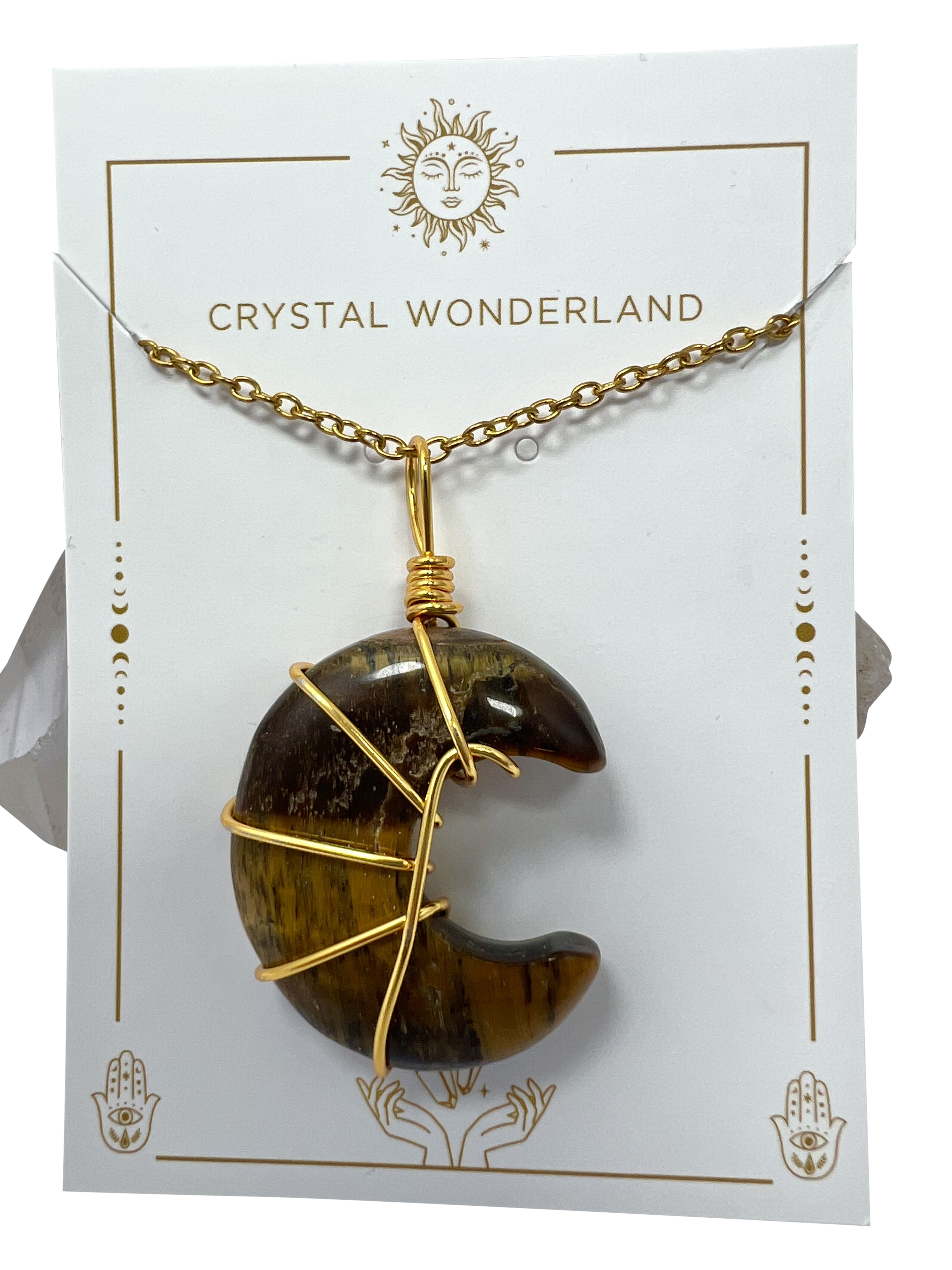 Polished Tiger Eye Half Moon Shape Pendant Necklace Gold