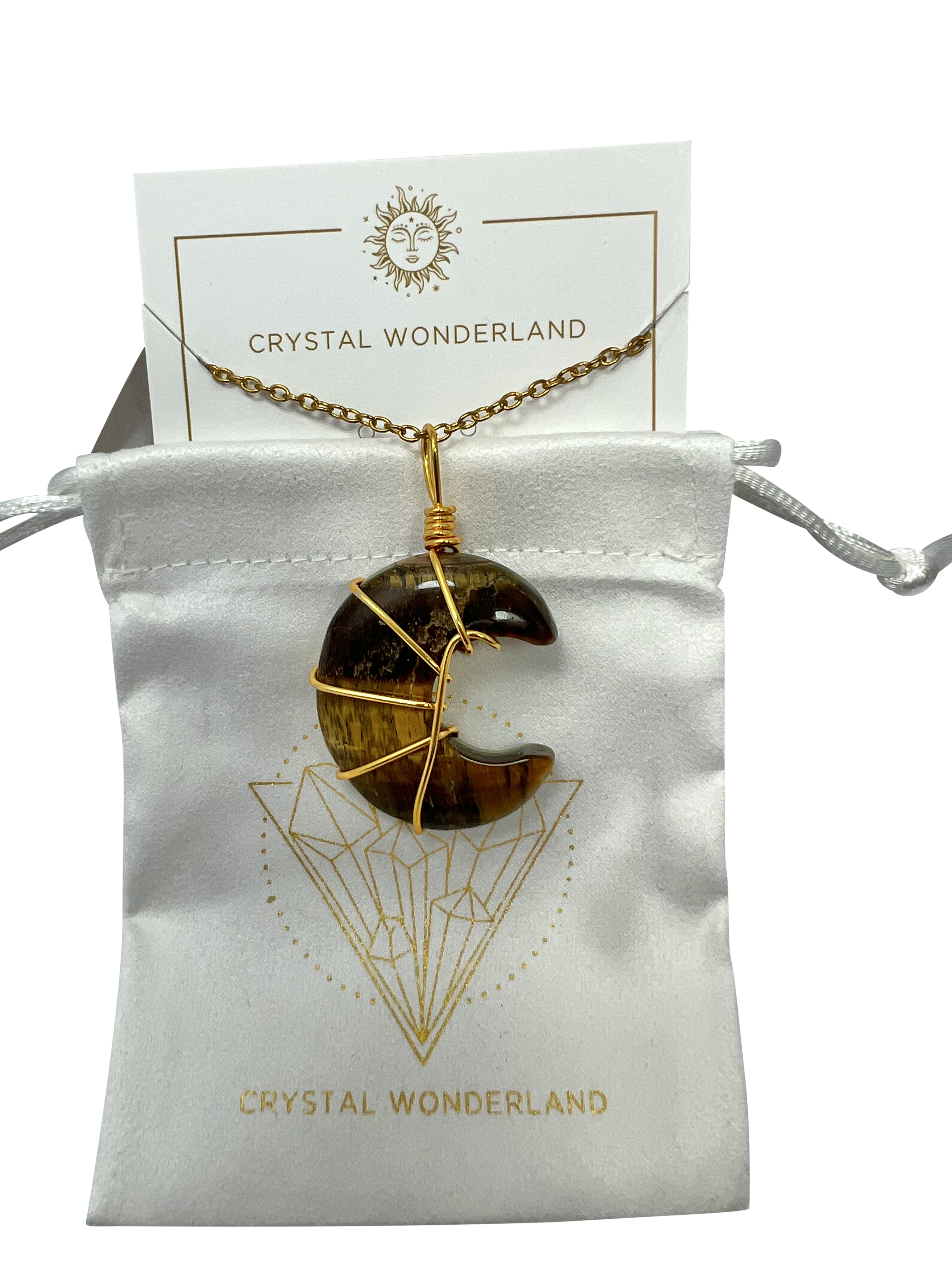 Polished Tiger Eye Half Moon Shape Pendant Necklace Gold