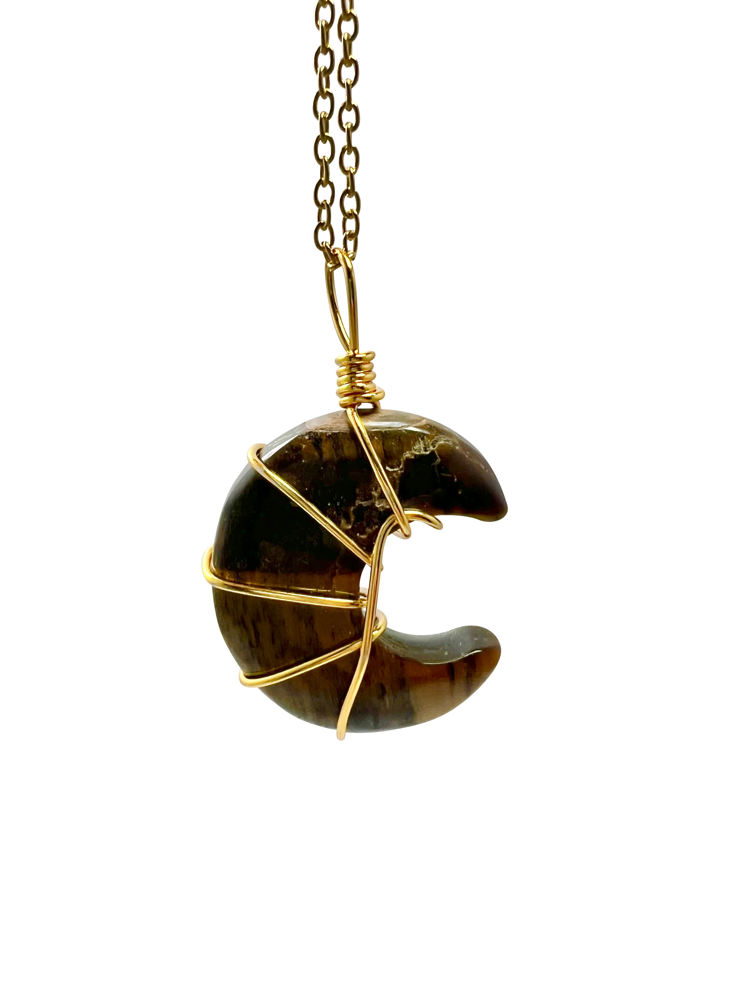 Polished Tiger Eye Half Moon Shape Pendant Necklace Gold