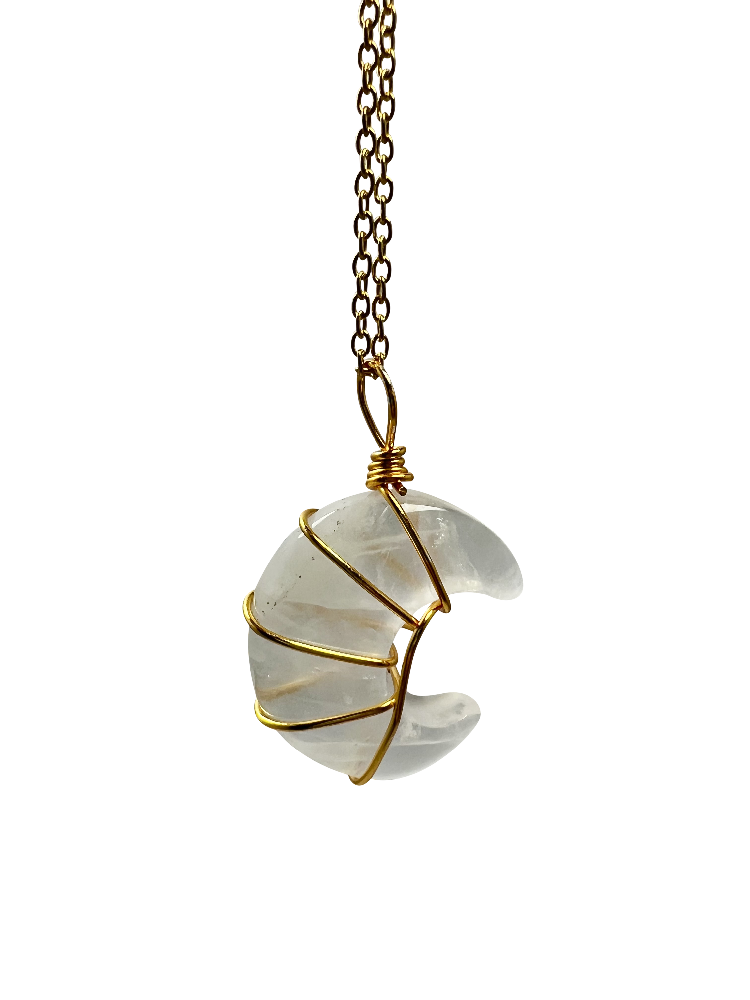 Polished Clear Quartz Half Moon Shape Pendant Necklace Gold