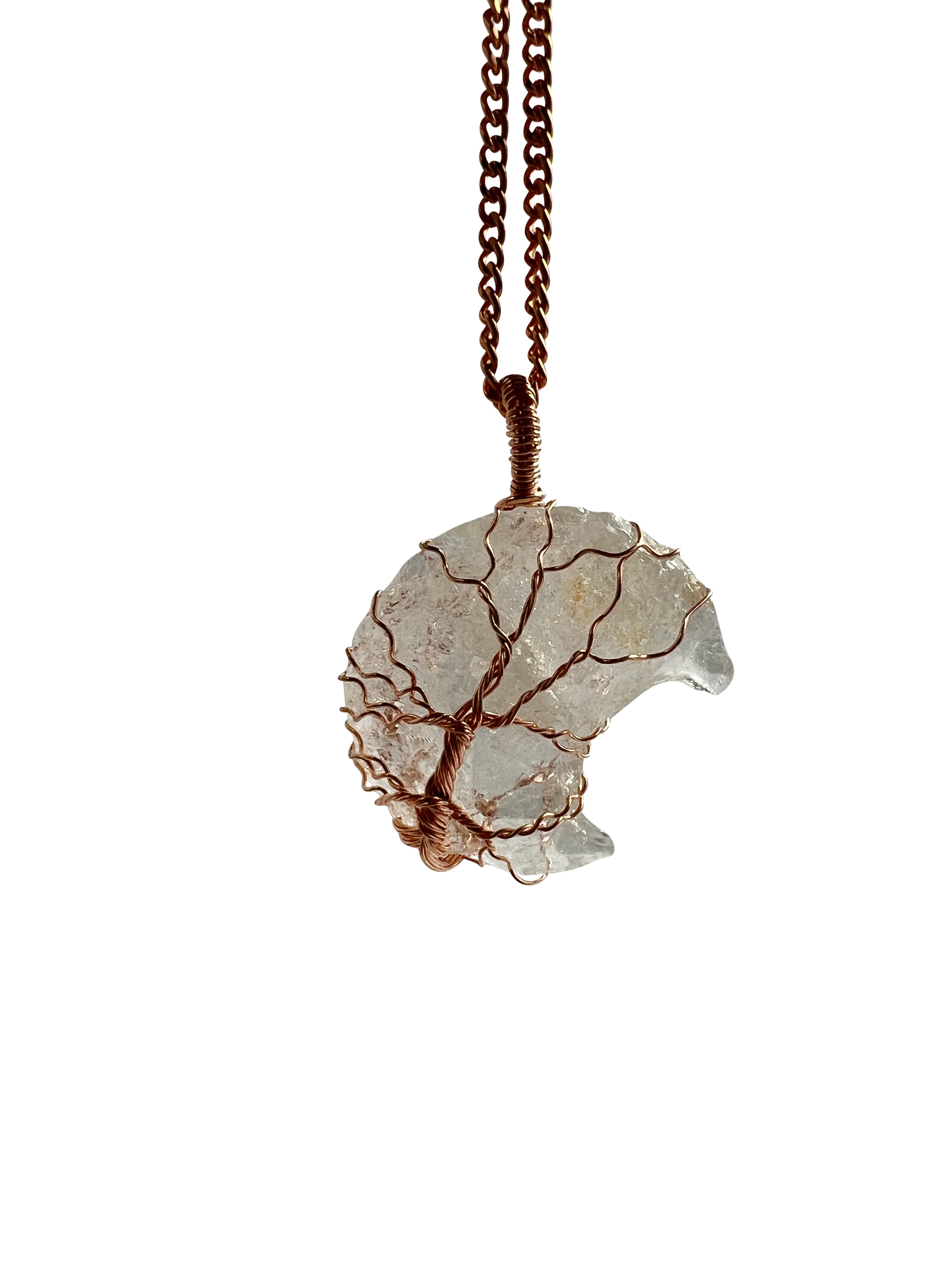 Rough Clear Quartz Half Moon Shape Pendant Necklace Copper