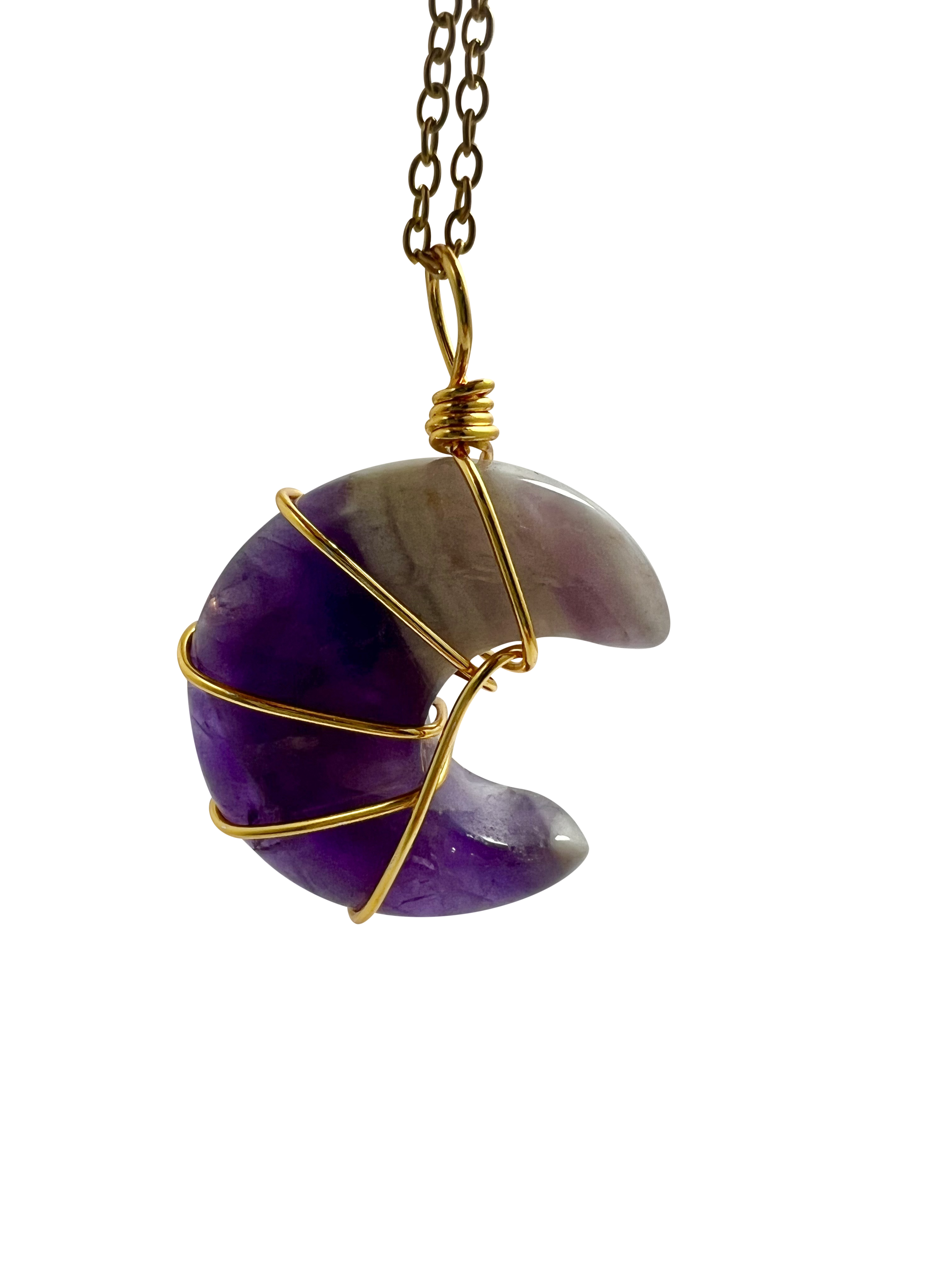 Polished Amethyst Half Moon Shape Pendant Necklace Gold