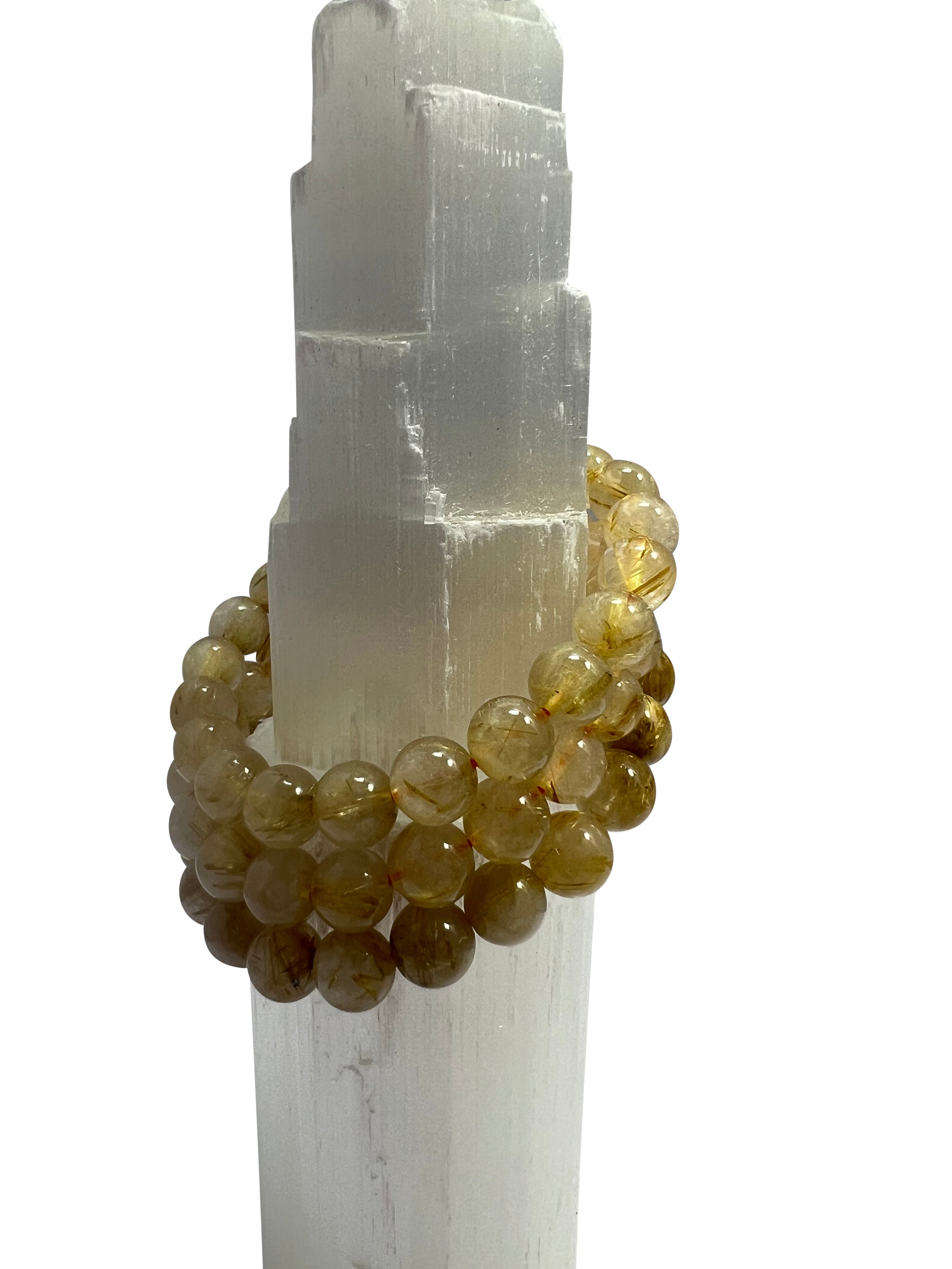 Gold Rutile Quartz Crystal Beads Bracelet  8mm