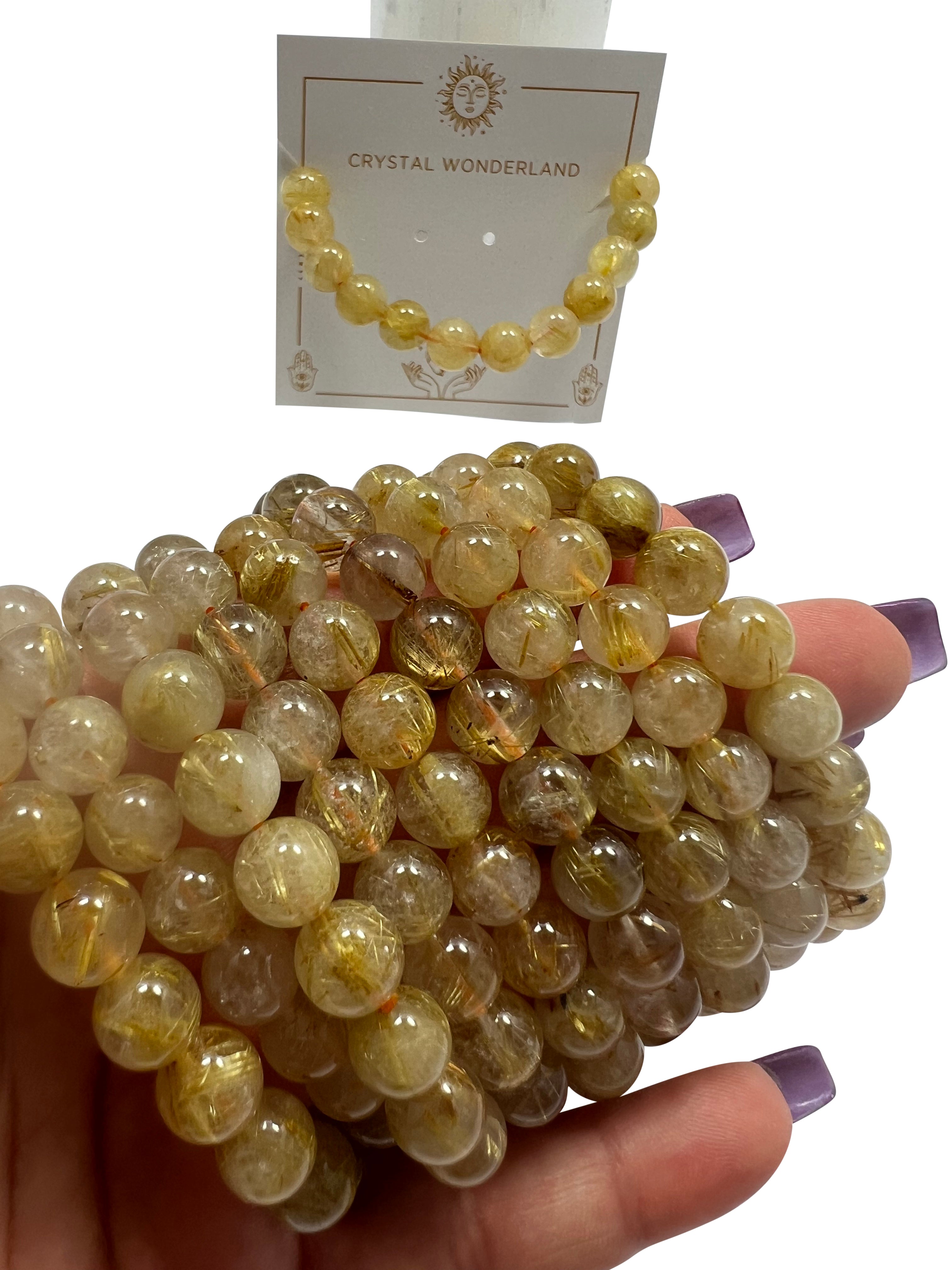 Gold Rutile Quartz Crystal Beads Bracelet  8mm