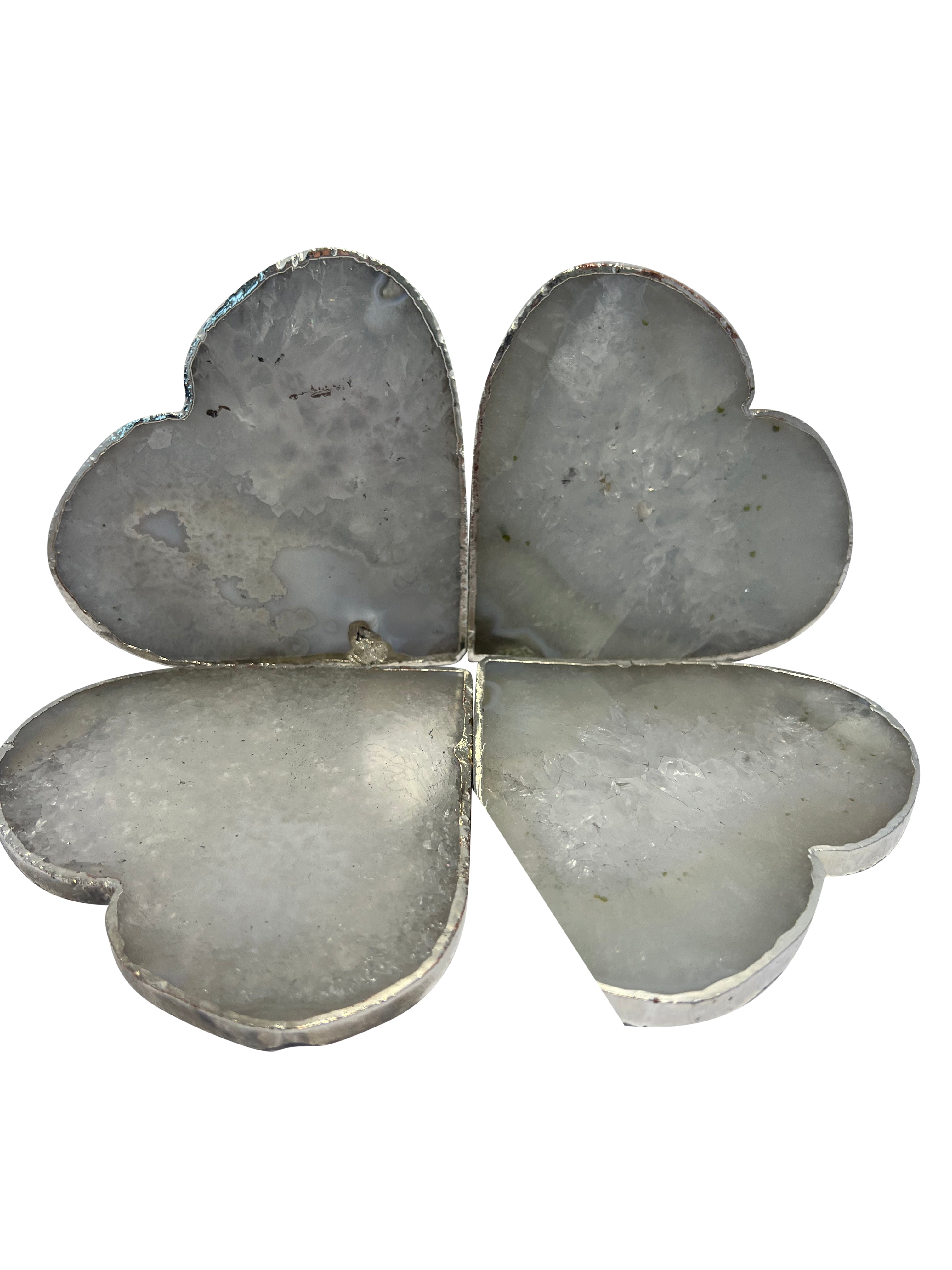 White Quartz Crystal Coaster Heart Shaped 4 Pieces Silver