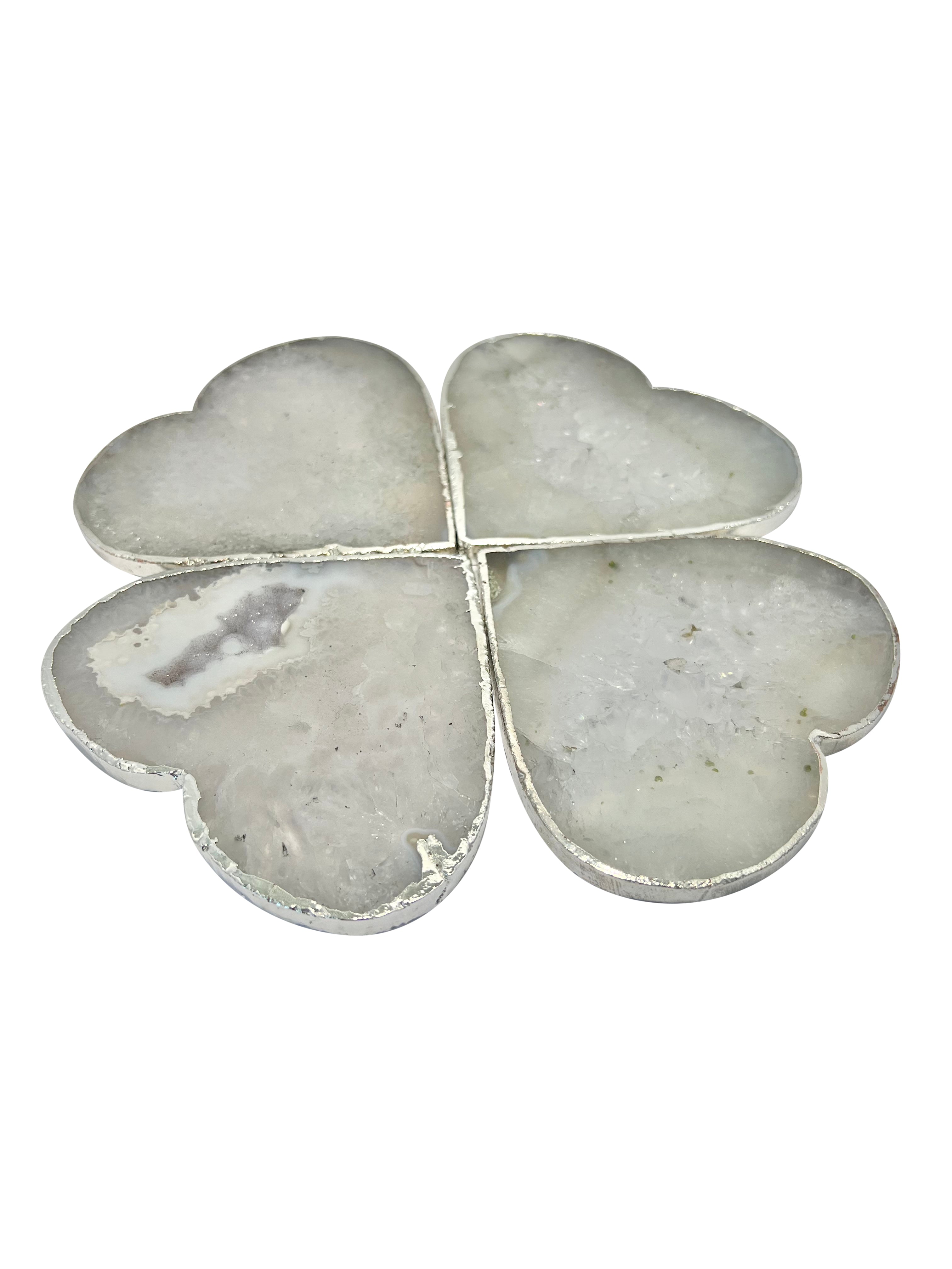 White Quartz Crystal Coaster Heart Shaped 4 Pieces Silver