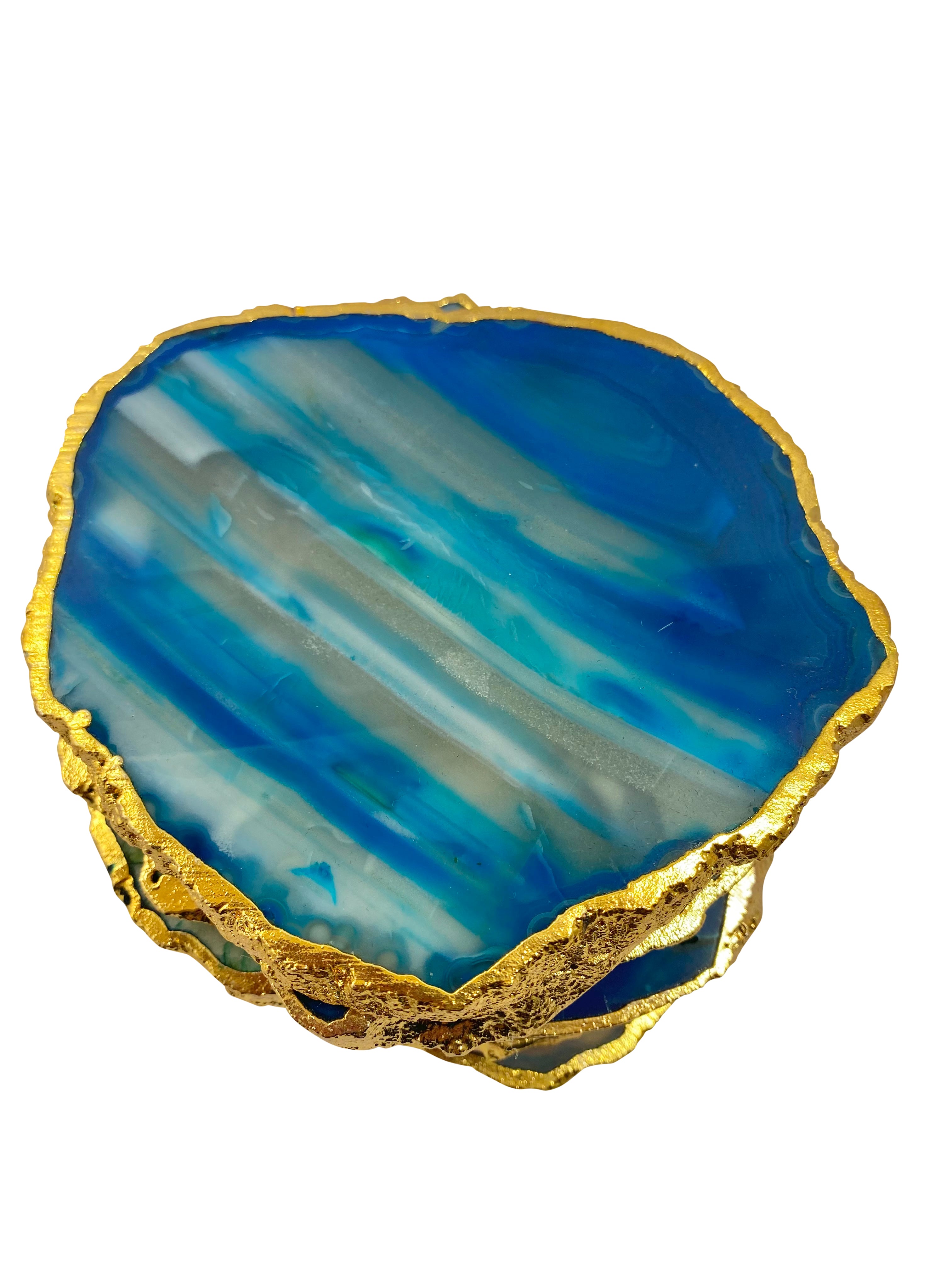 Blue Dyed Agate Coaster Natural Shape Gold - 2 Pieces