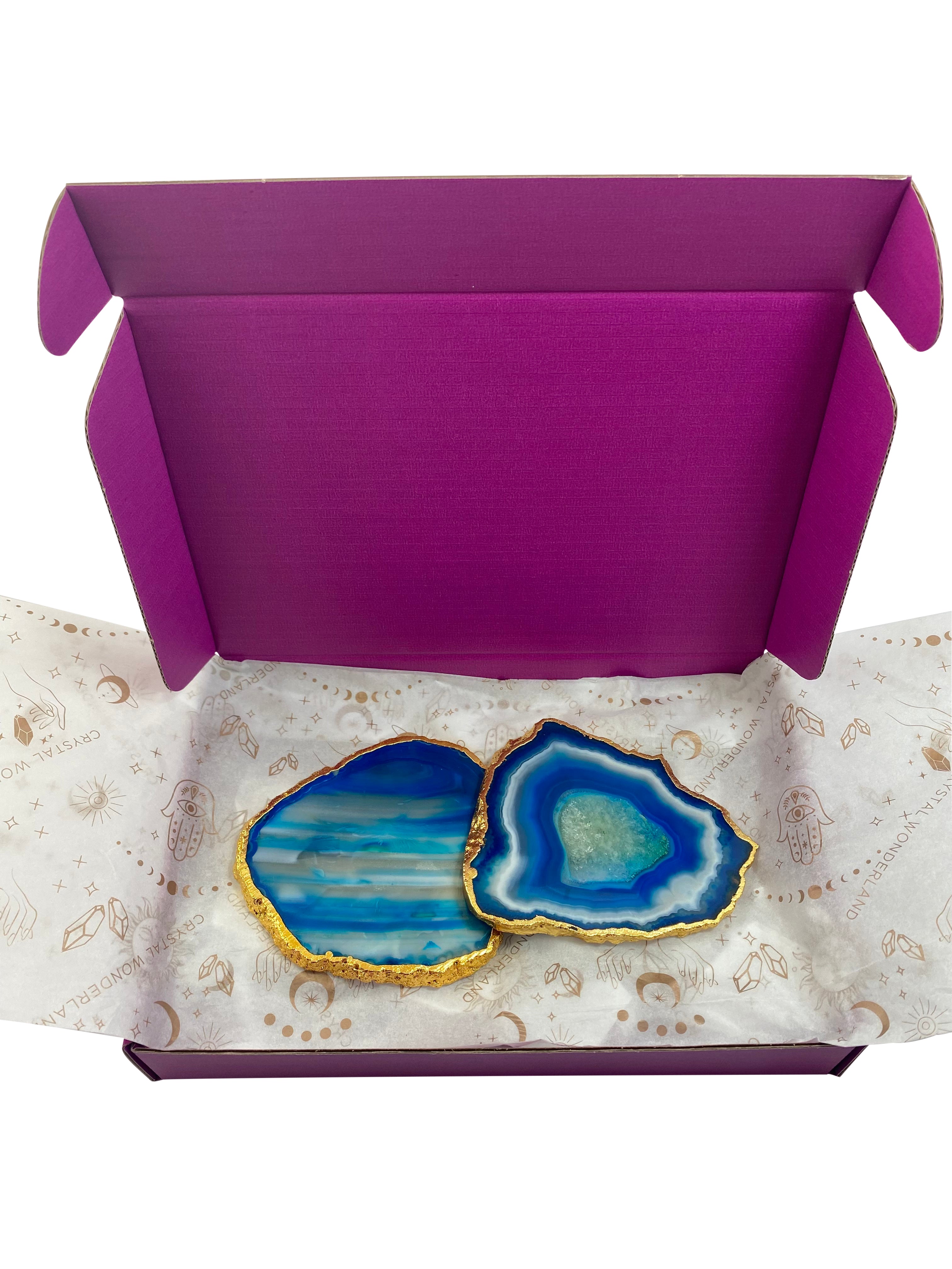 Blue Dyed Agate Coaster Natural Shape Gold - 4 Pieces