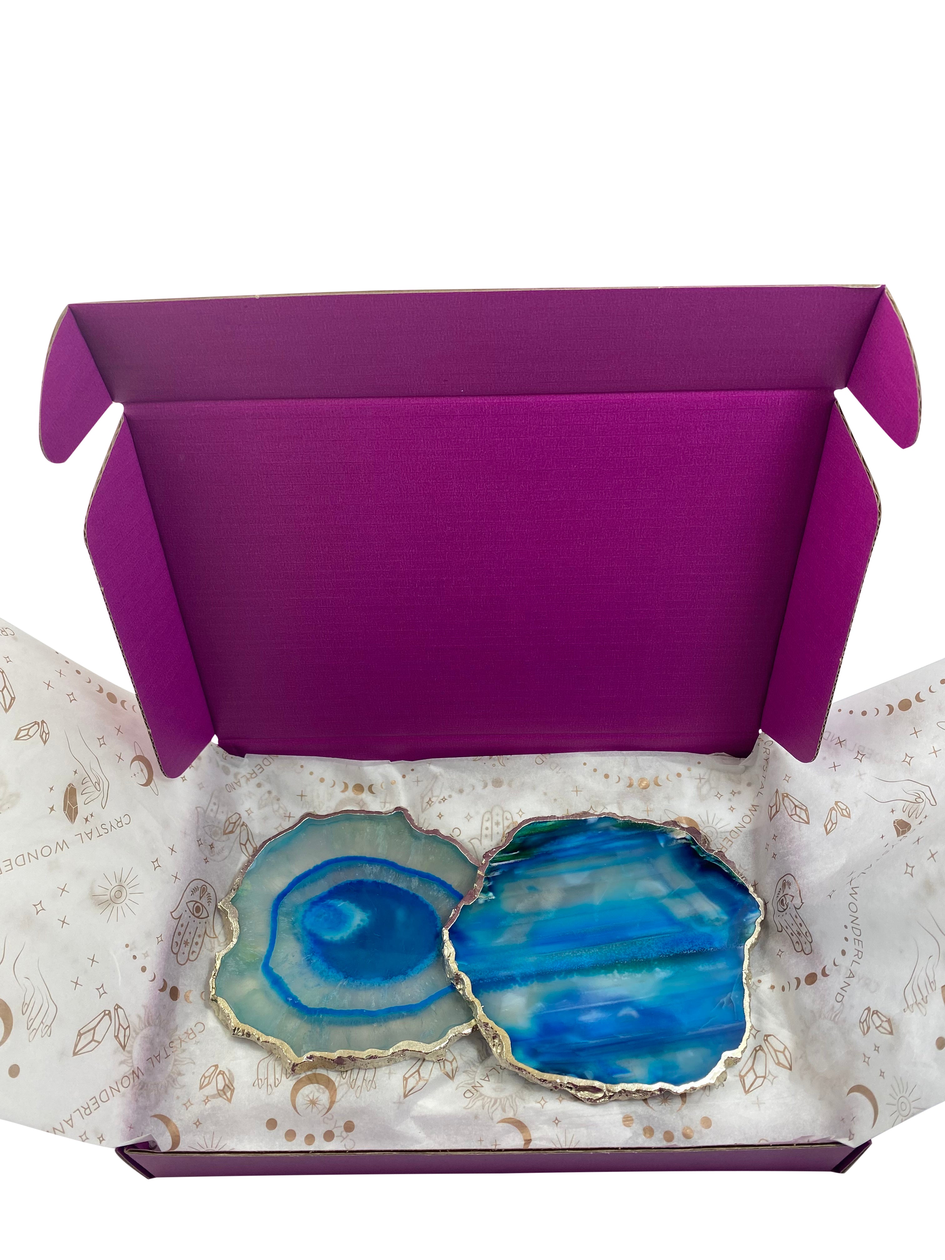 Blue Dyed Agate Coaster Natural Shape Silver - 2 Pieces