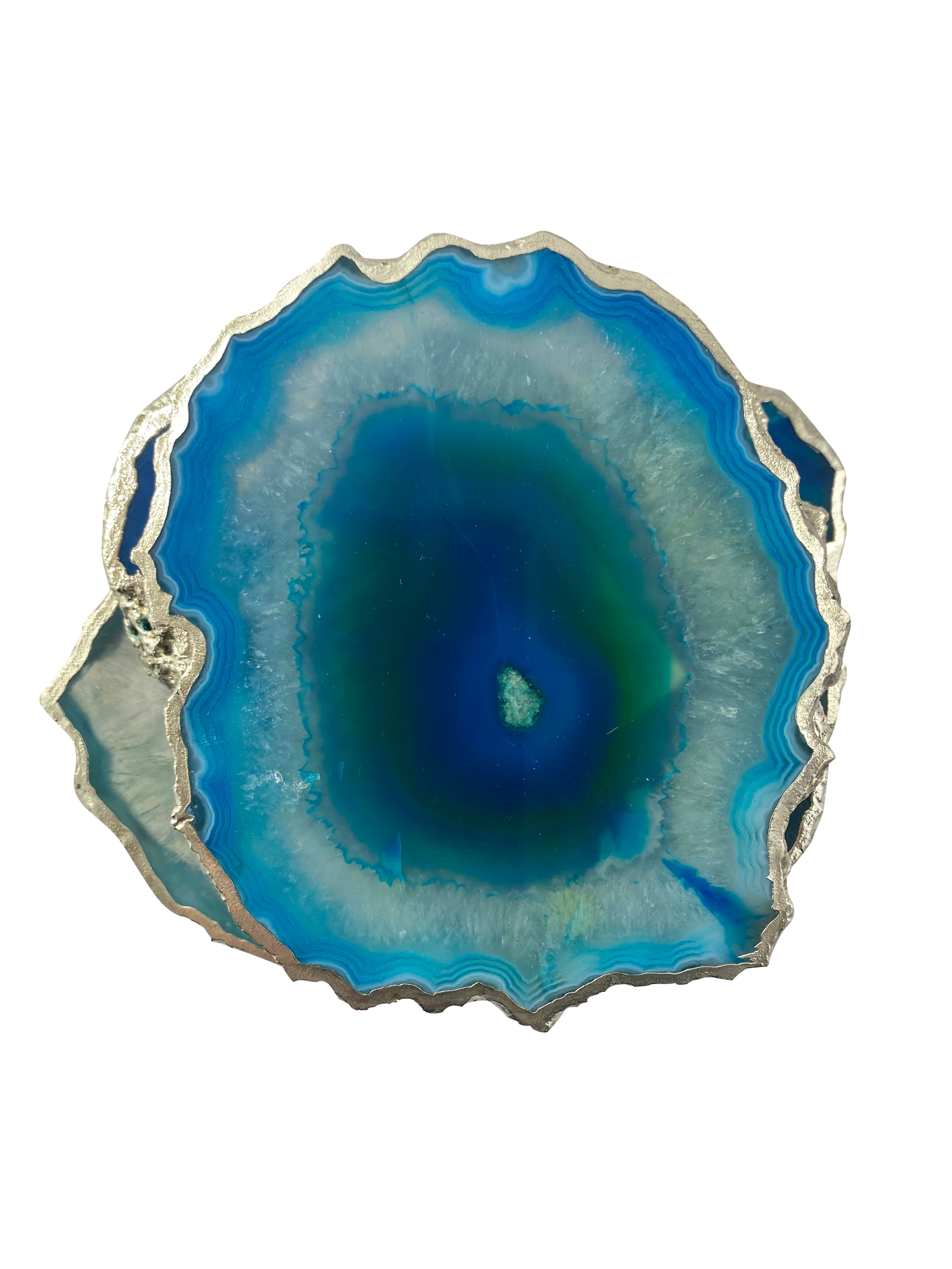 Blue Dyed Agate Coaster Natural Shape Silver - 4 Pieces