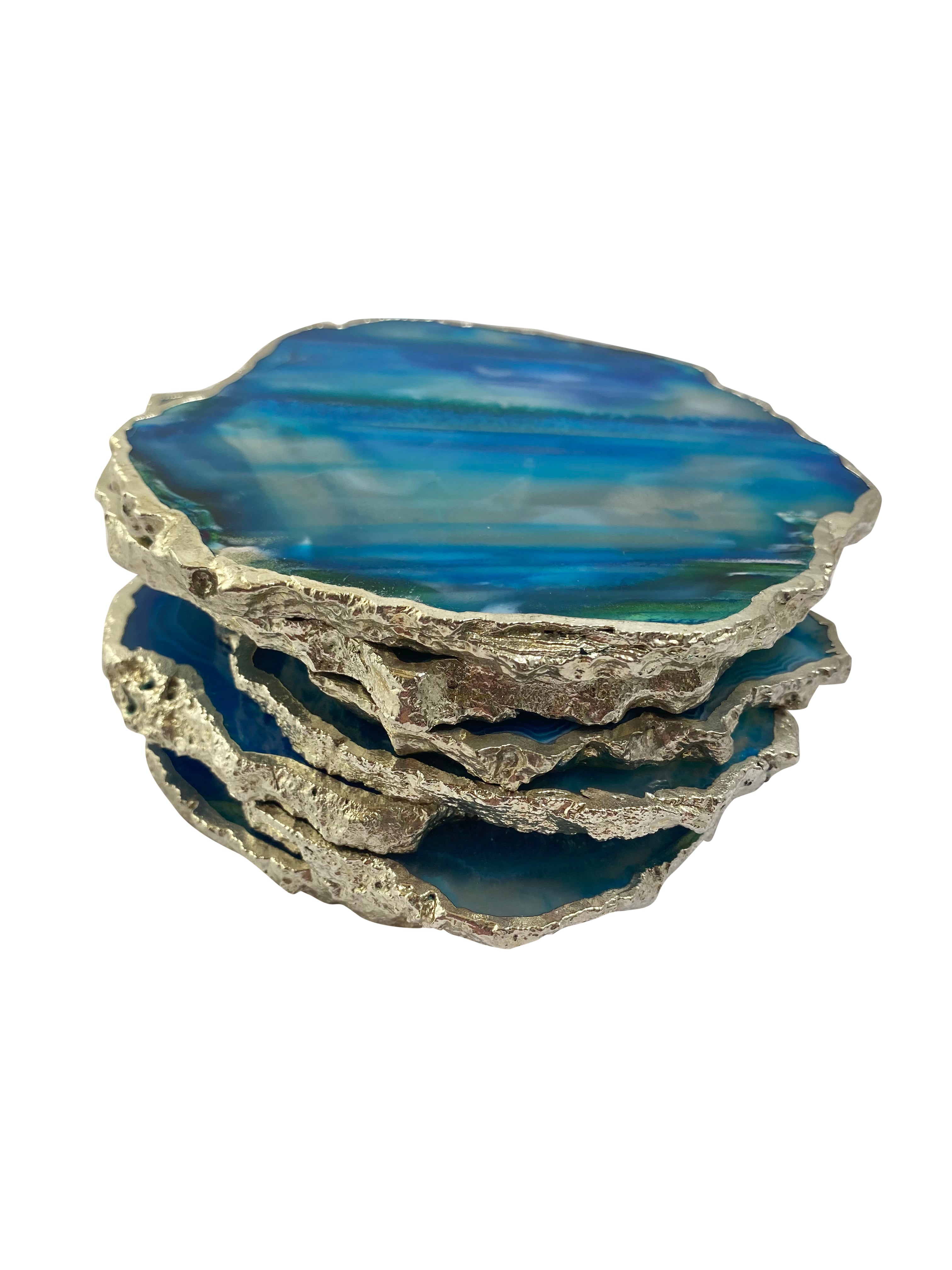 Blue Dyed Agate Coaster Natural Shape Silver - 2 Pieces