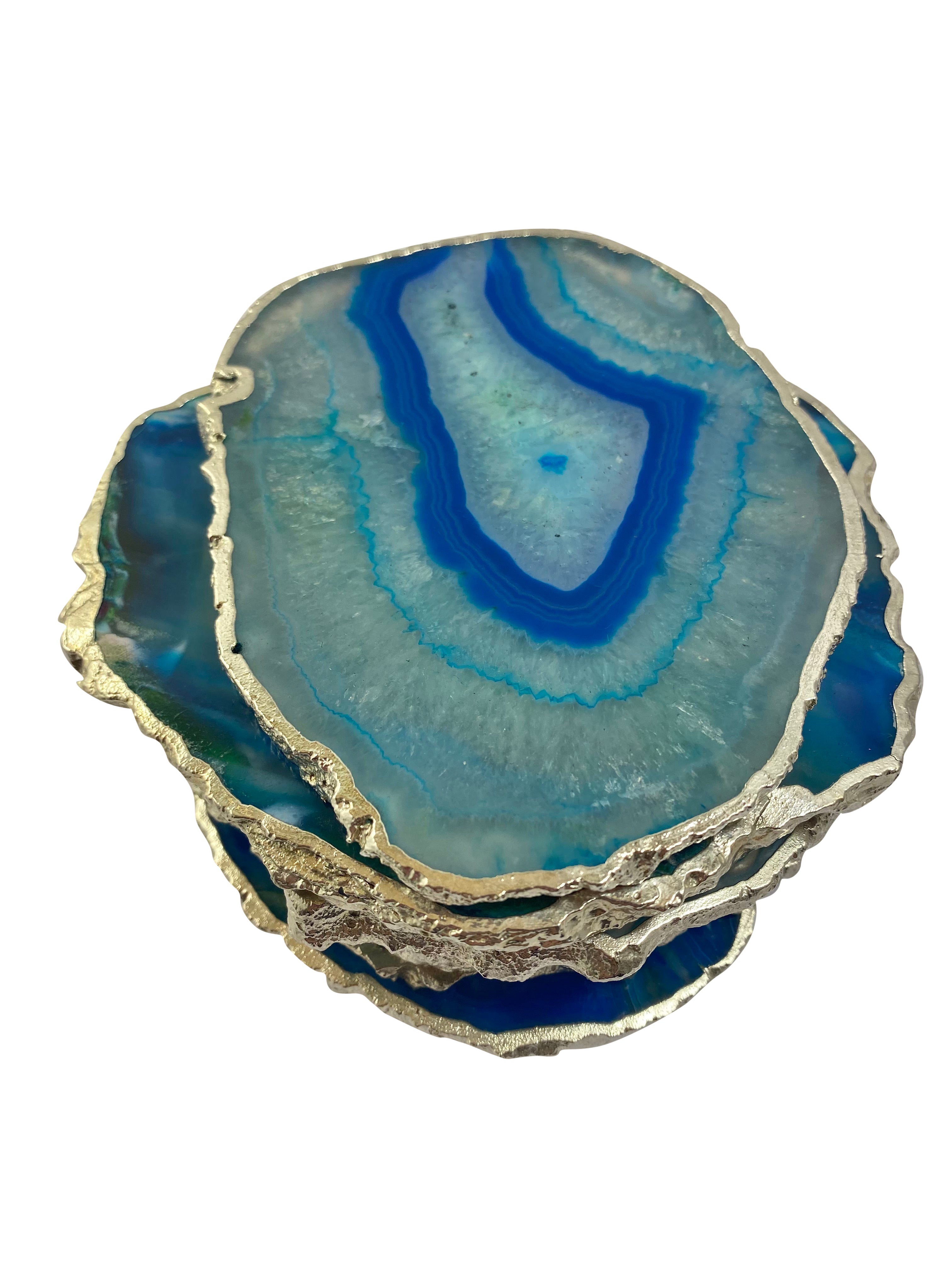 Blue Dyed Agate Coaster Natural Shape Silver - 4 Pieces