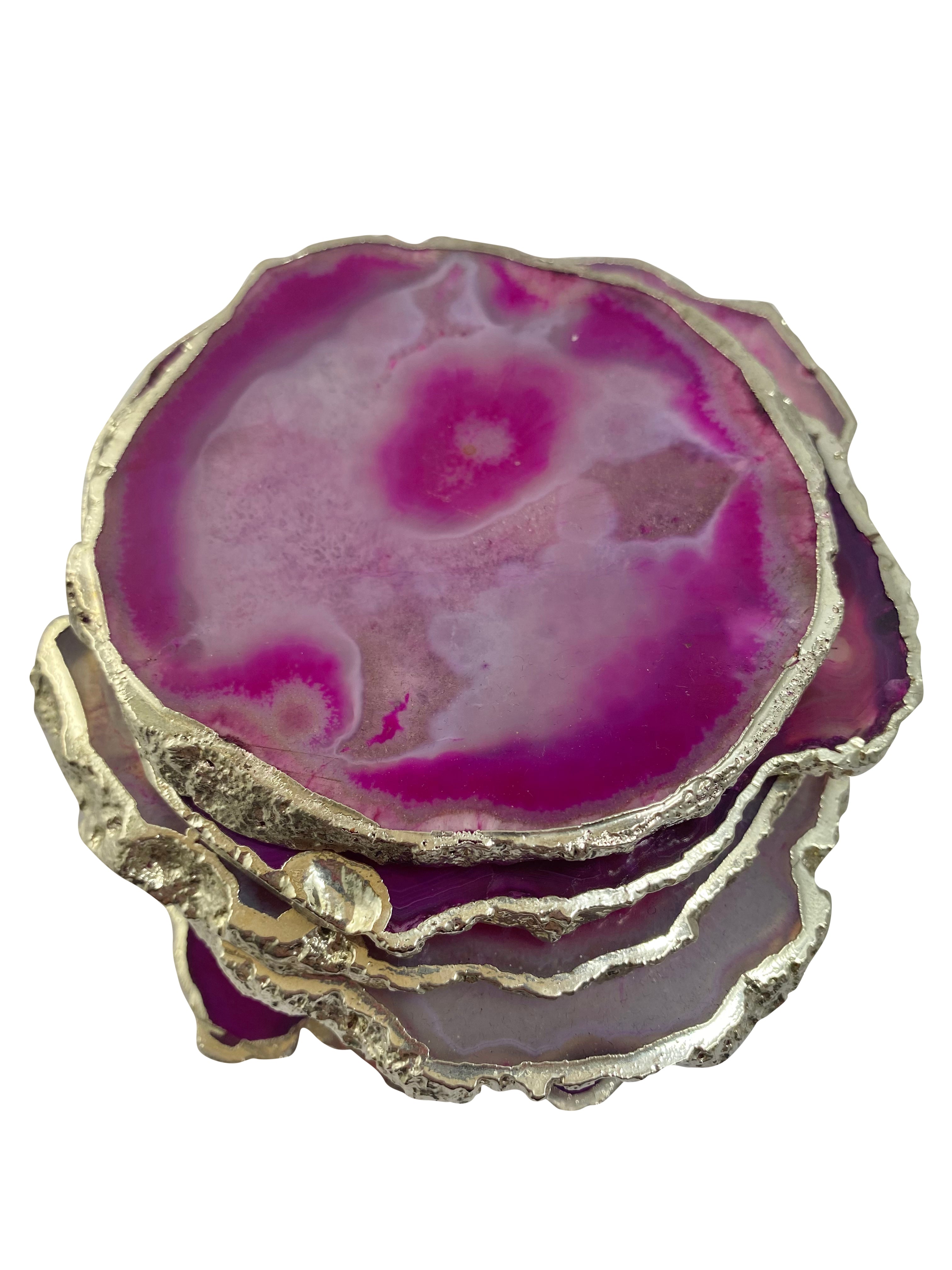 Pink Dyed Agate Coaster Natural Shape Silver- 2 Pieces