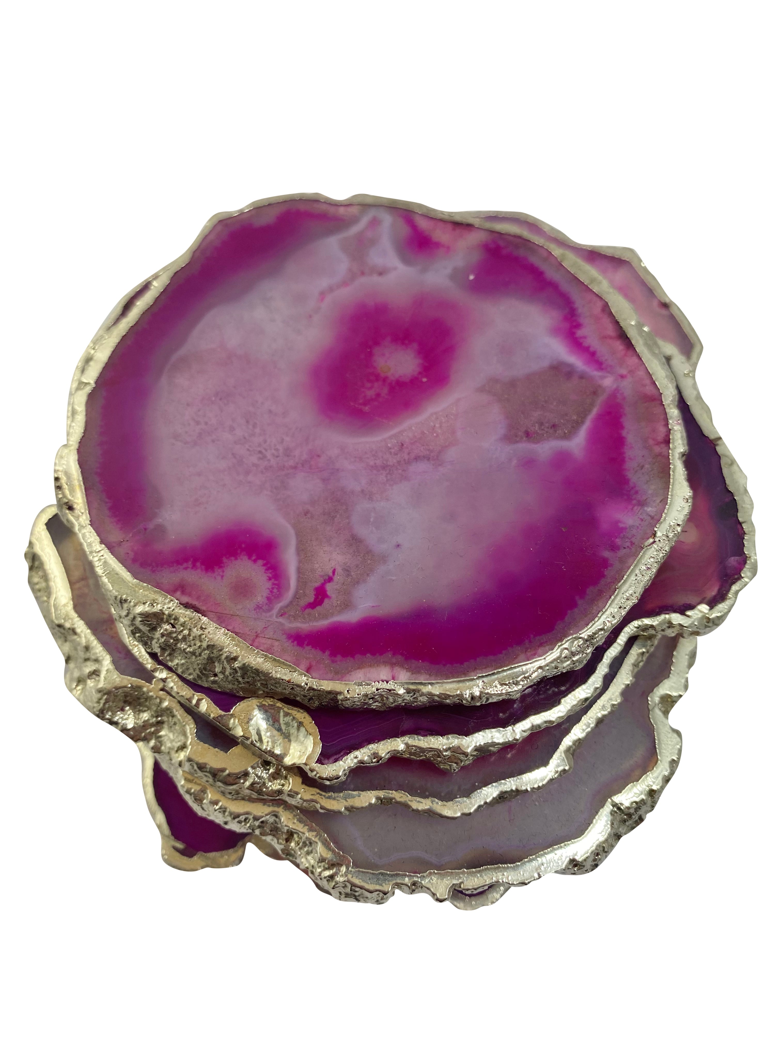 Pink Dyed Agate Coaster Natural Shape Silver - 4 Pieces