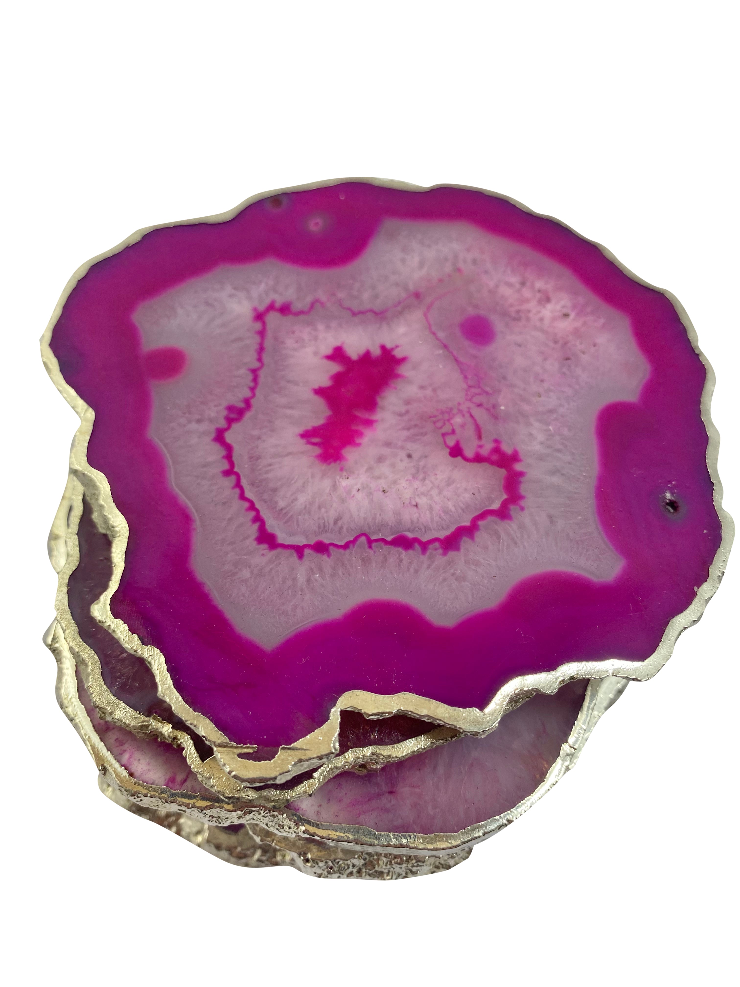 Pink Dyed Agate Coaster Natural Shape Silver- 2 Pieces
