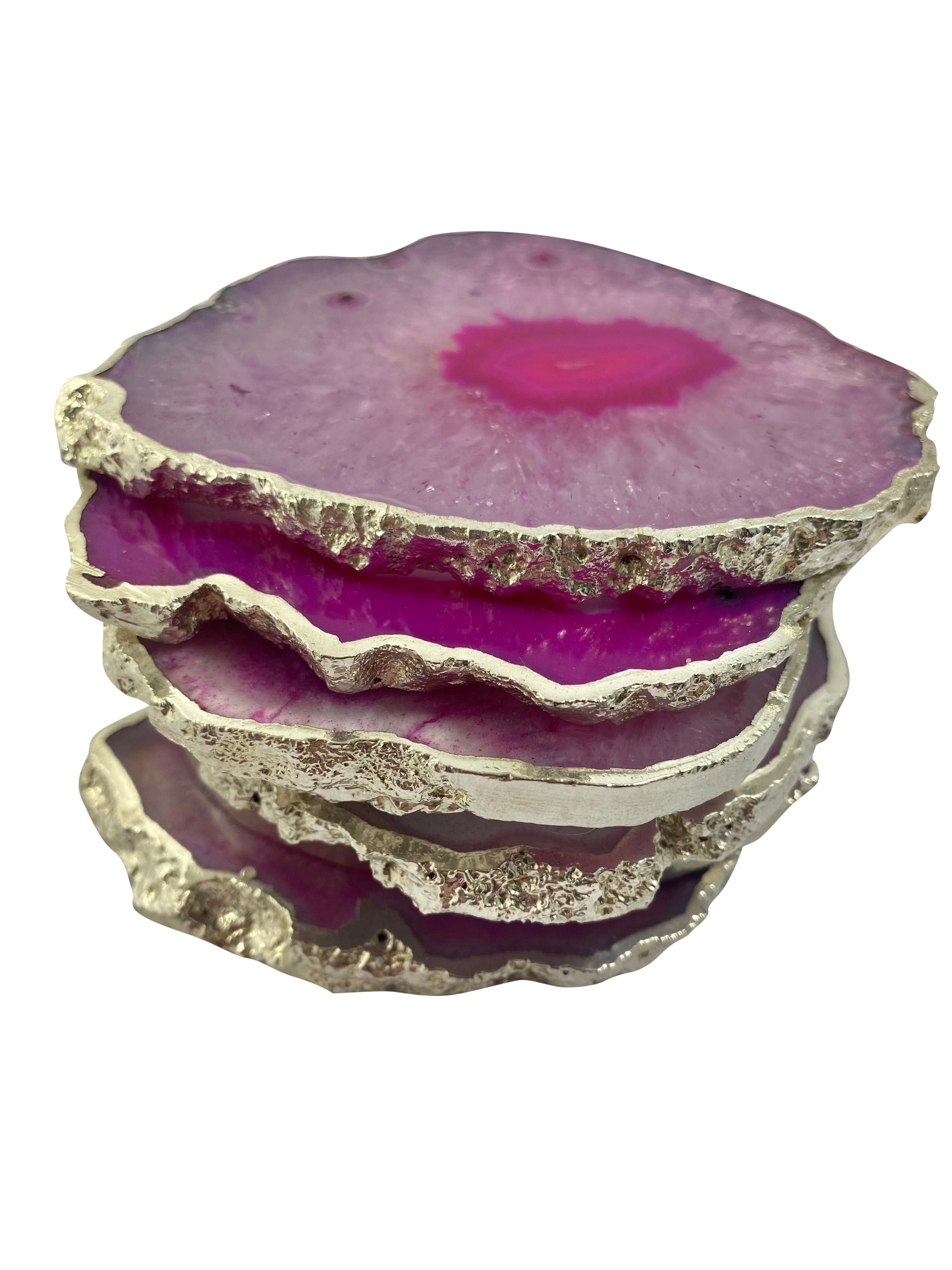 Pink Dyed Agate Coaster Natural Shape Silver- 2 Pieces