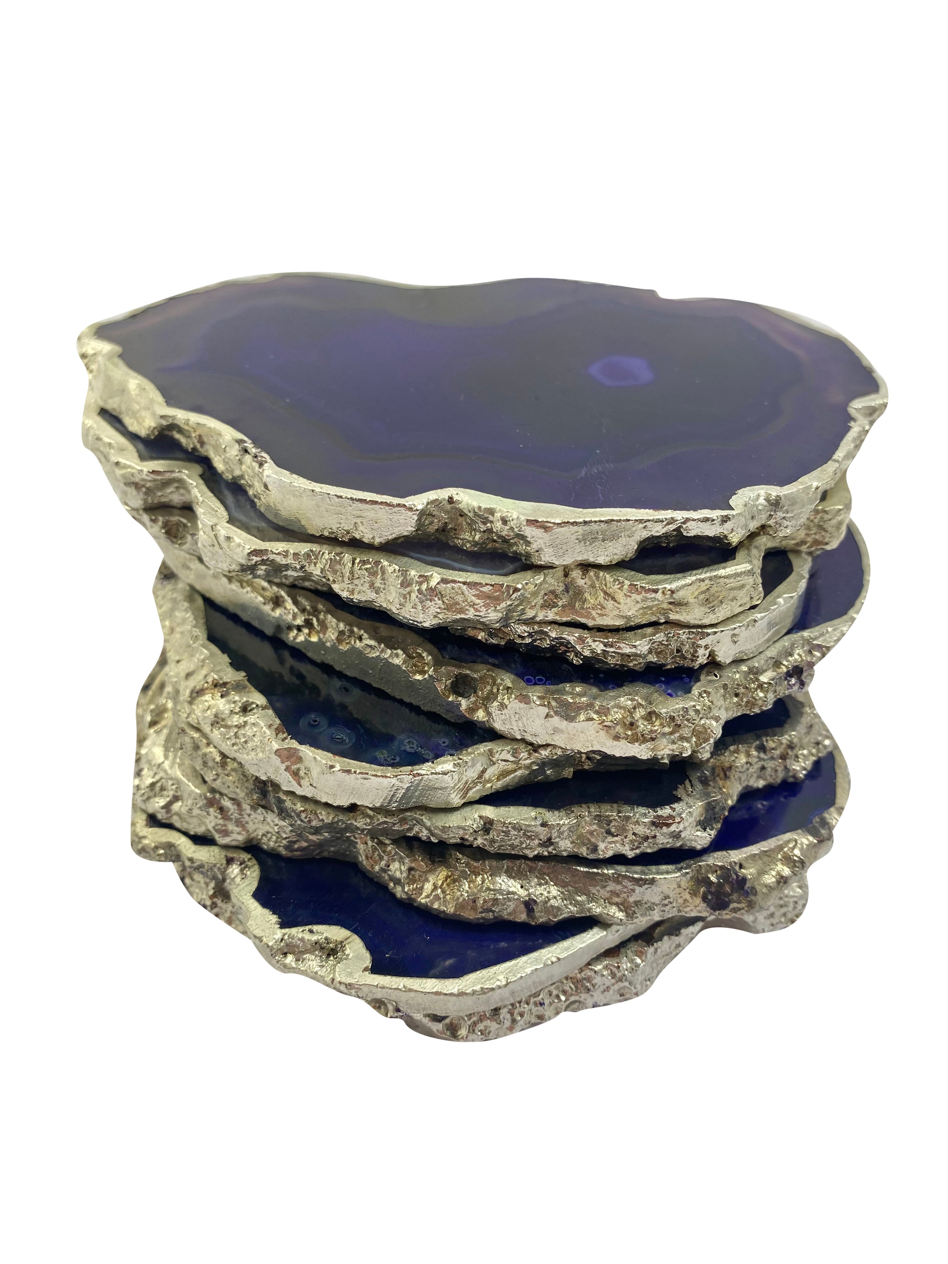 Purple Dyed Agate Coaster Natural Shape Silver - 4 Pieces