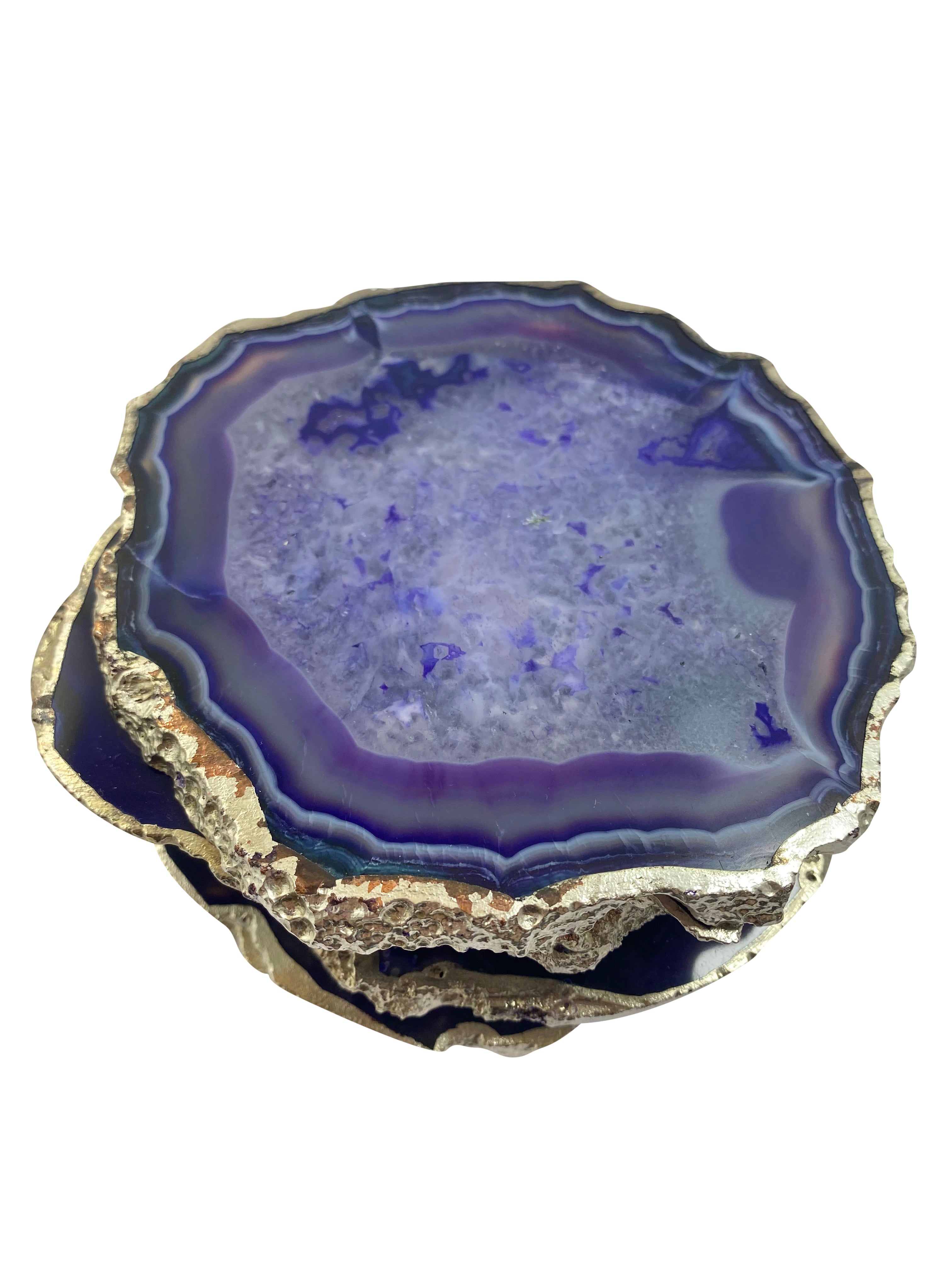 Purple Dyed Agate Coaster Natural Shape Silver - 2 Pieces