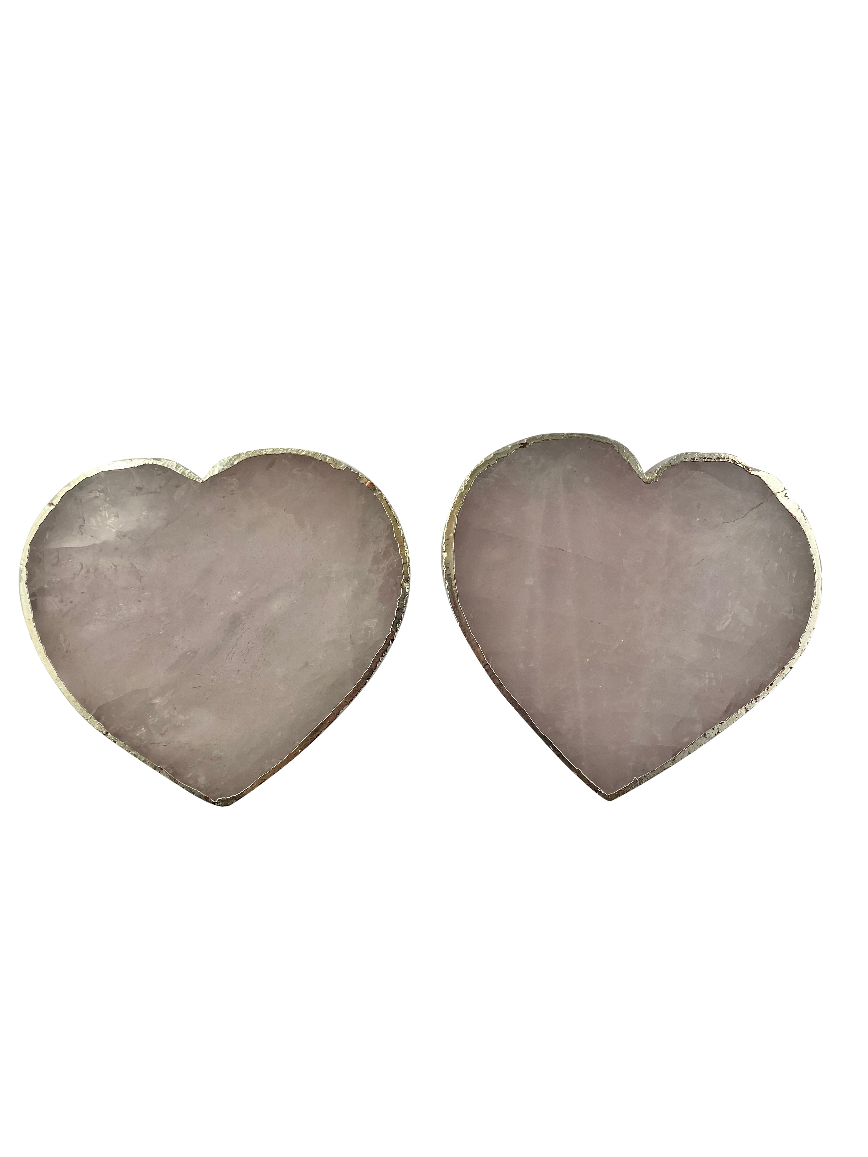 Rose Quartz Crystal Coaster Heart Shaped Silver 4 Pieces