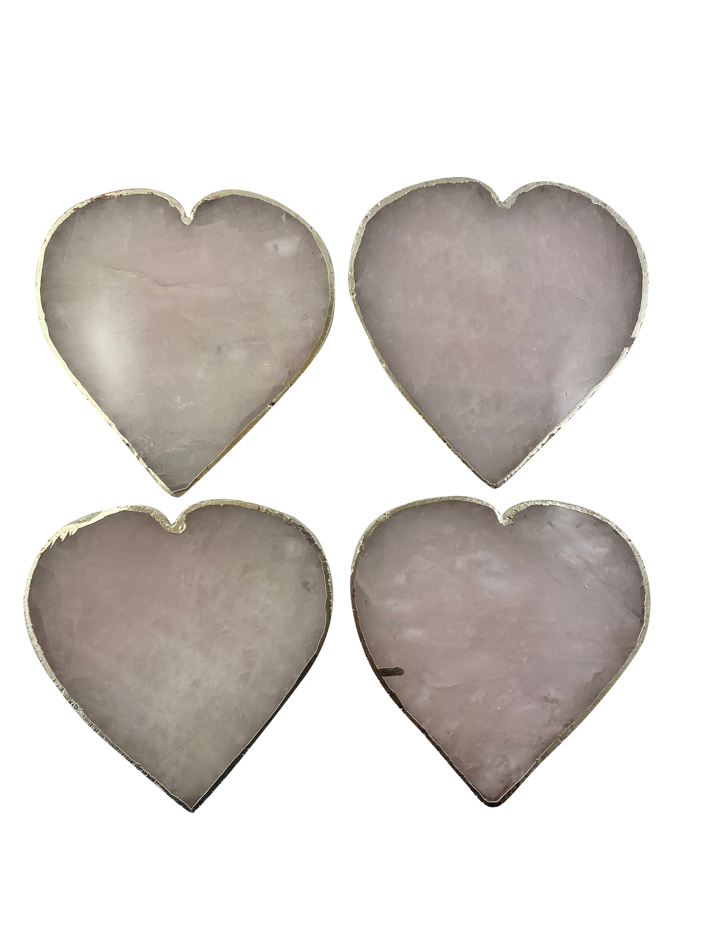 Rose Quartz Crystal Coaster Heart Shaped Silver 4 Pieces