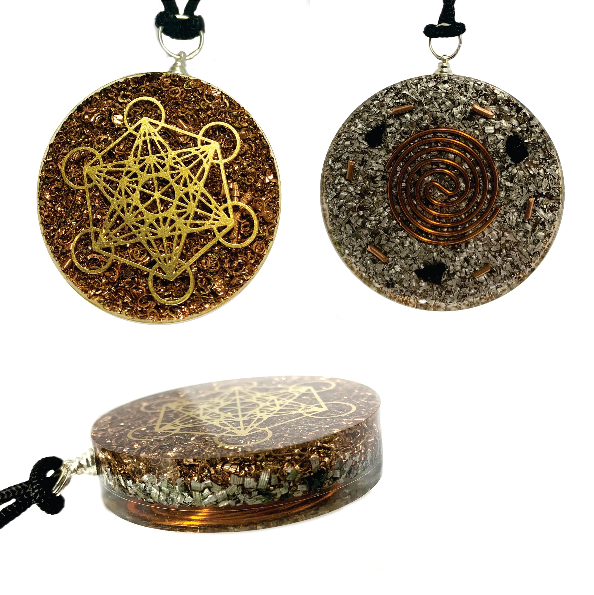 Dual Side Copper Coil Metatron Cube Sacred Geometry Pendant