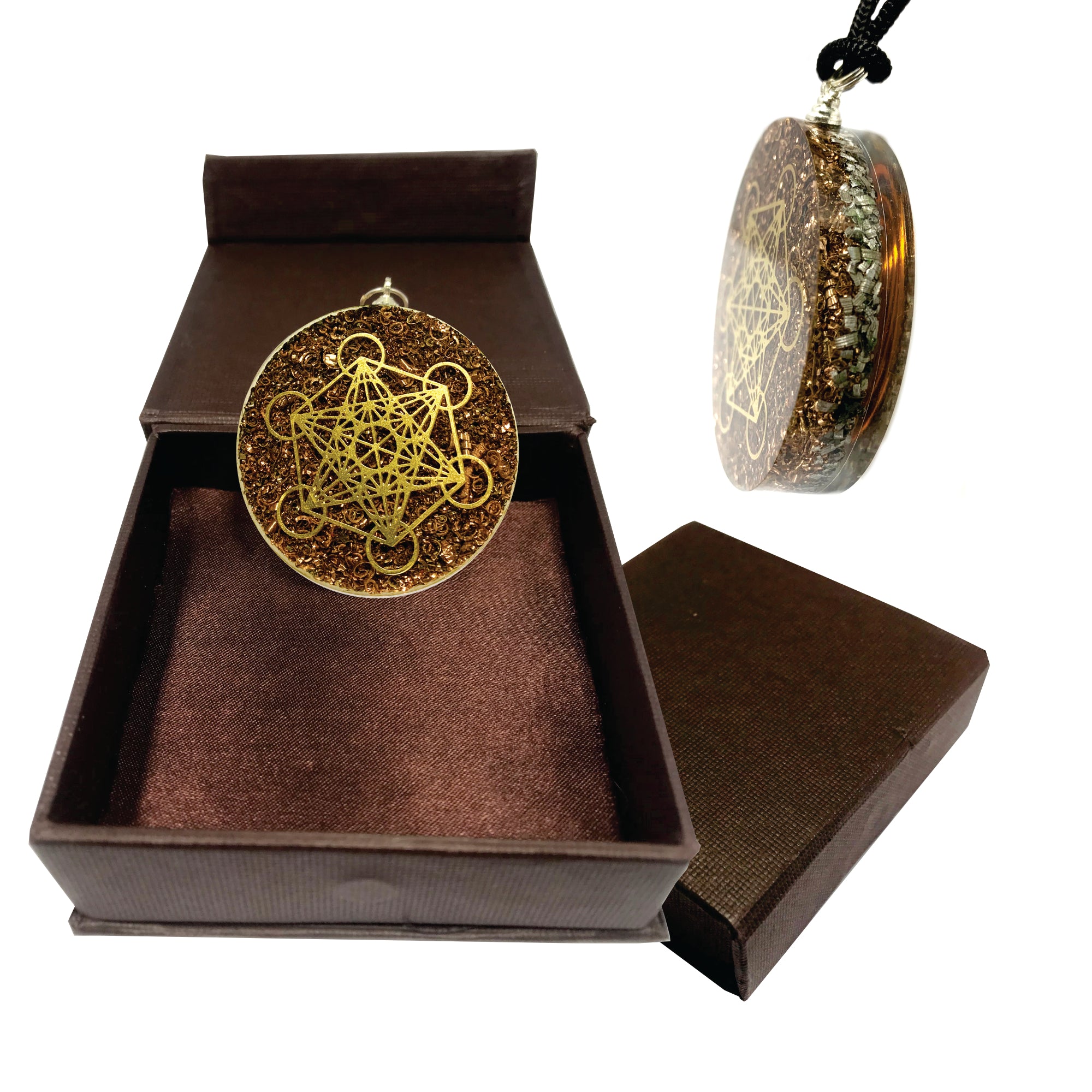Dual Side Copper Coil Metatron Cube Sacred Geometry Pendant