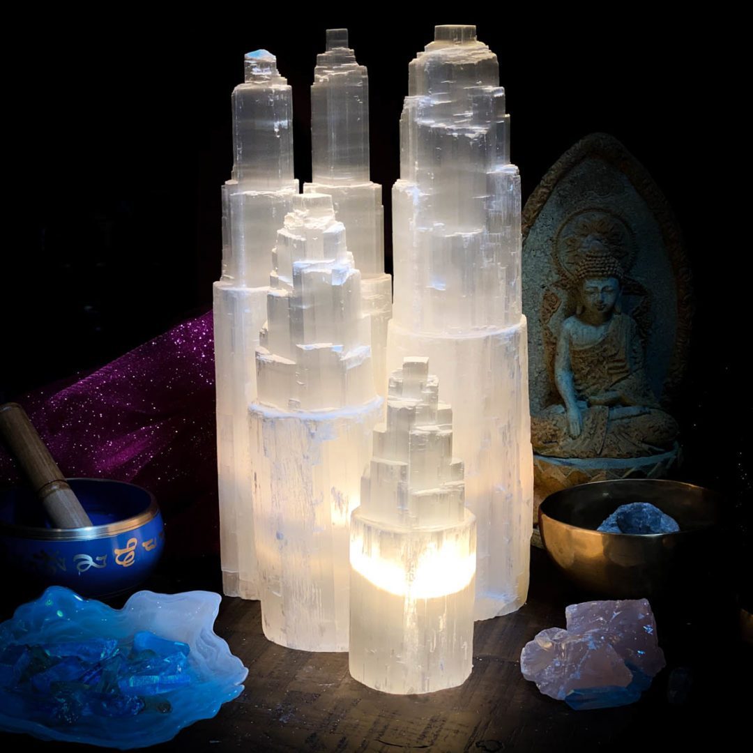 Large Selenite Crystal Skyscraper Tower Lamp 40cm